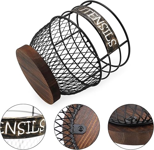 Miniatura 7 de SODSAI Soporte grande para utensilios en elegante negro mate con base de madera rústica para cocinas modernas, organizador espacioso y resistente al