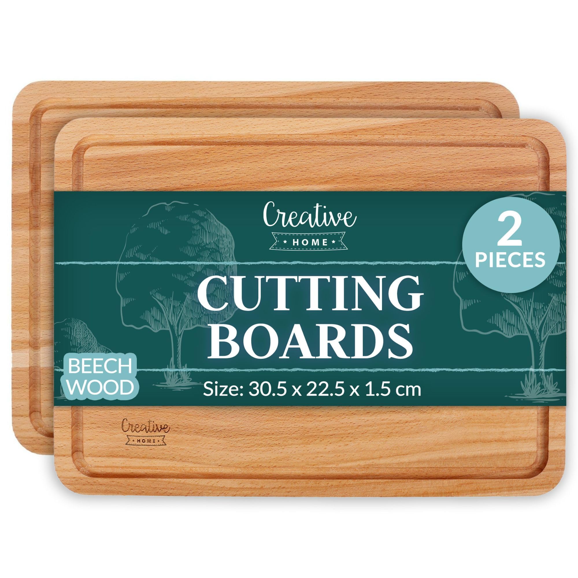 Creative Home 2 x Small Wooden Cutting Chopping Board | 30.5 x 22.5 x 1.5cm | Natural Beech Wood - Better than Bamboo | Rectangular Kitchen Board | for Meat, Fruit, Bread, Serving Platter | Reversible