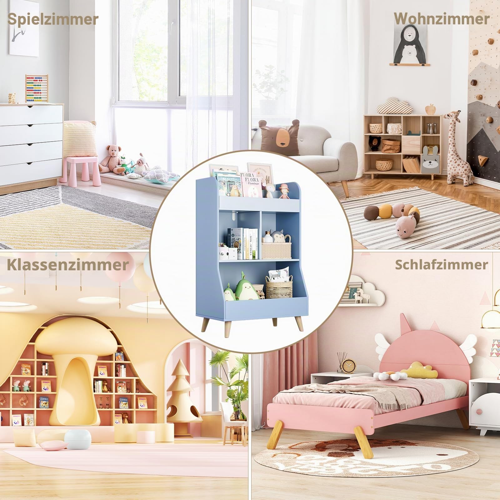 Clevich Bücherregal Kinder, Kinderregal, Kinderzimmerregal, Spielzeugregal, 2 Fächern, 3 offene Fächer für Bücher, Montessori Aufbewahrungsregal, Kindermöbel für Kindergarten Spielzimmer (Blau)