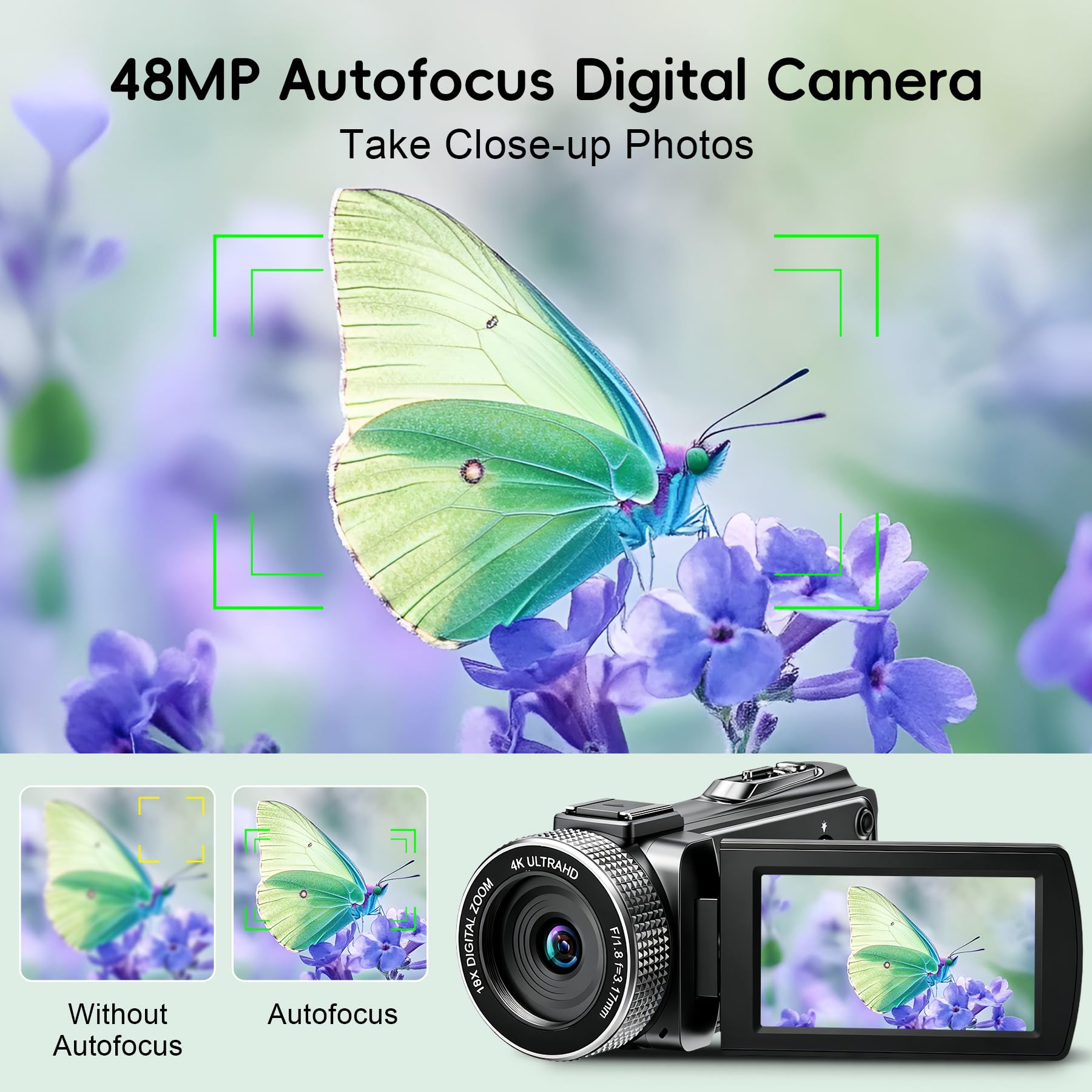 Videocamera 4K 48MP, videocamera Vlogging per YouTube, 3 pollici 270 ° Flip Touchscreen, con microfono Lavalier wireless, scheda da 32 GB, treppiede, kit per principianti