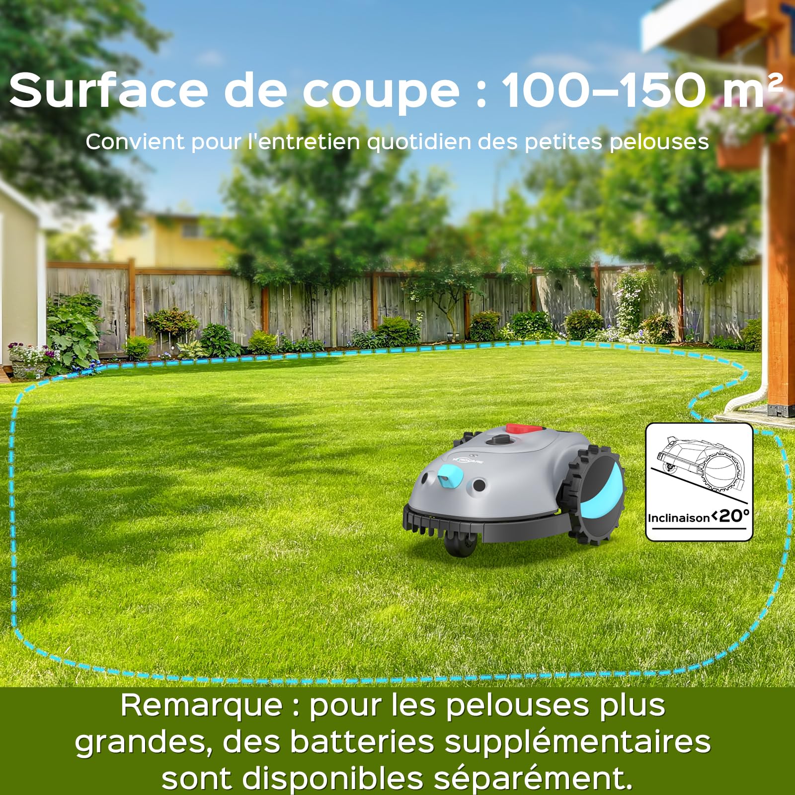 YARDCARE V100 Robot Tondeuse sans Fil Périphérique,avec Navigation par Vision, Évitement d'obstacles(150 Sortes), Robot Tondeuse avec Batterie 4 Ah, Lame de Rechange, Adapté aux Petits Jardins