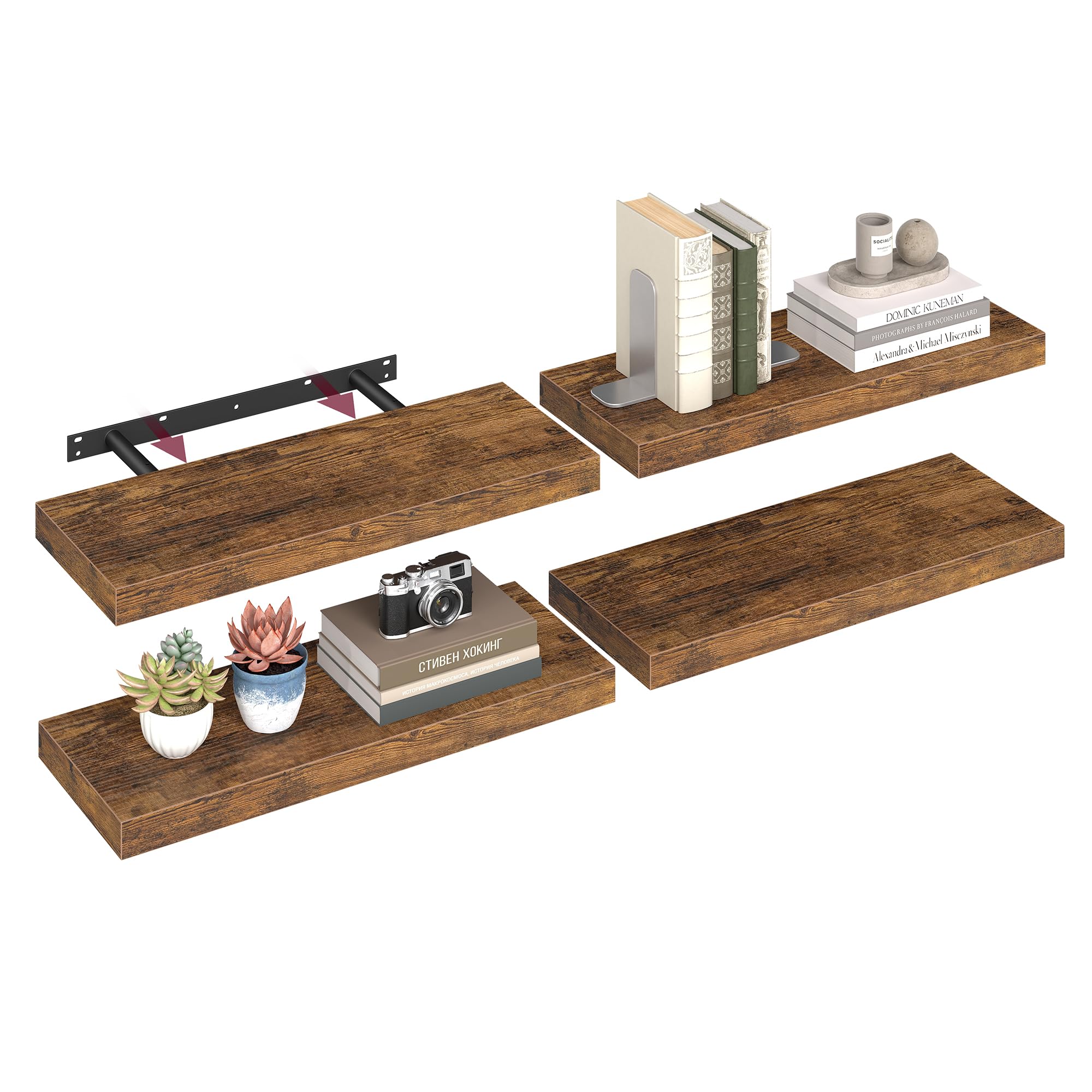 VASAGLE Wandregal, schwebendes Regal, 20 x 60 x 3,8 cm, Wandregal für Bilderrahmen, Dekoration, für Wohnzimmer, Arbeitszimmer, Küche, rustikales Braun LWS26BX