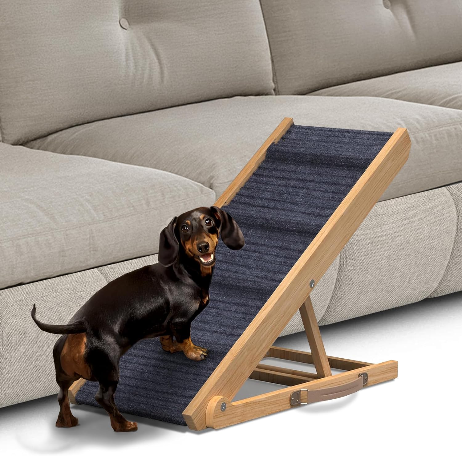Adjustable Dog Ramp for Bed - Foldable Wooden Ramp for Dogs to Get on Bed, Couch, or Car with 12.6" Wide Walking Space (Natural Wood with Gray Carpet, Small) Natural Wood Small