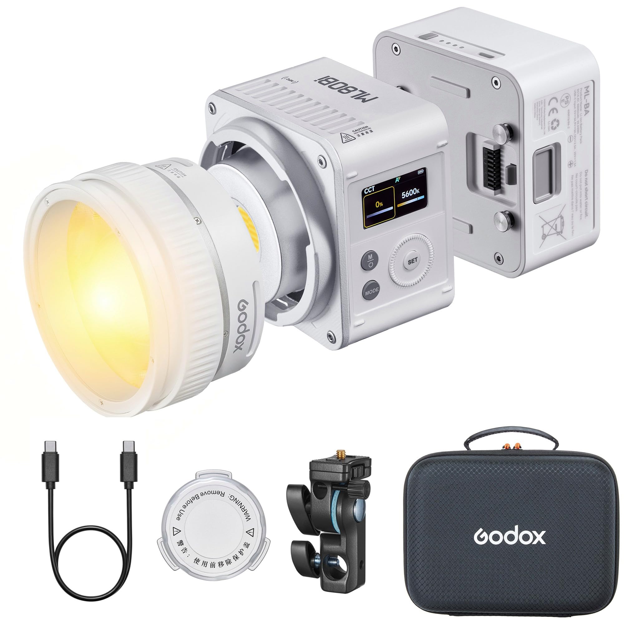 Godox ML80BI LED Lampa wideo, zestaw oświetlenia wideo bi-color 2800K-6500K, 29600 luksów CRI 96+/TLCI96+, sterowanie aplikacją, z obiektywem zoom ML-Z i reflektorem oraz akumulatorem ML-BA 6600mAh