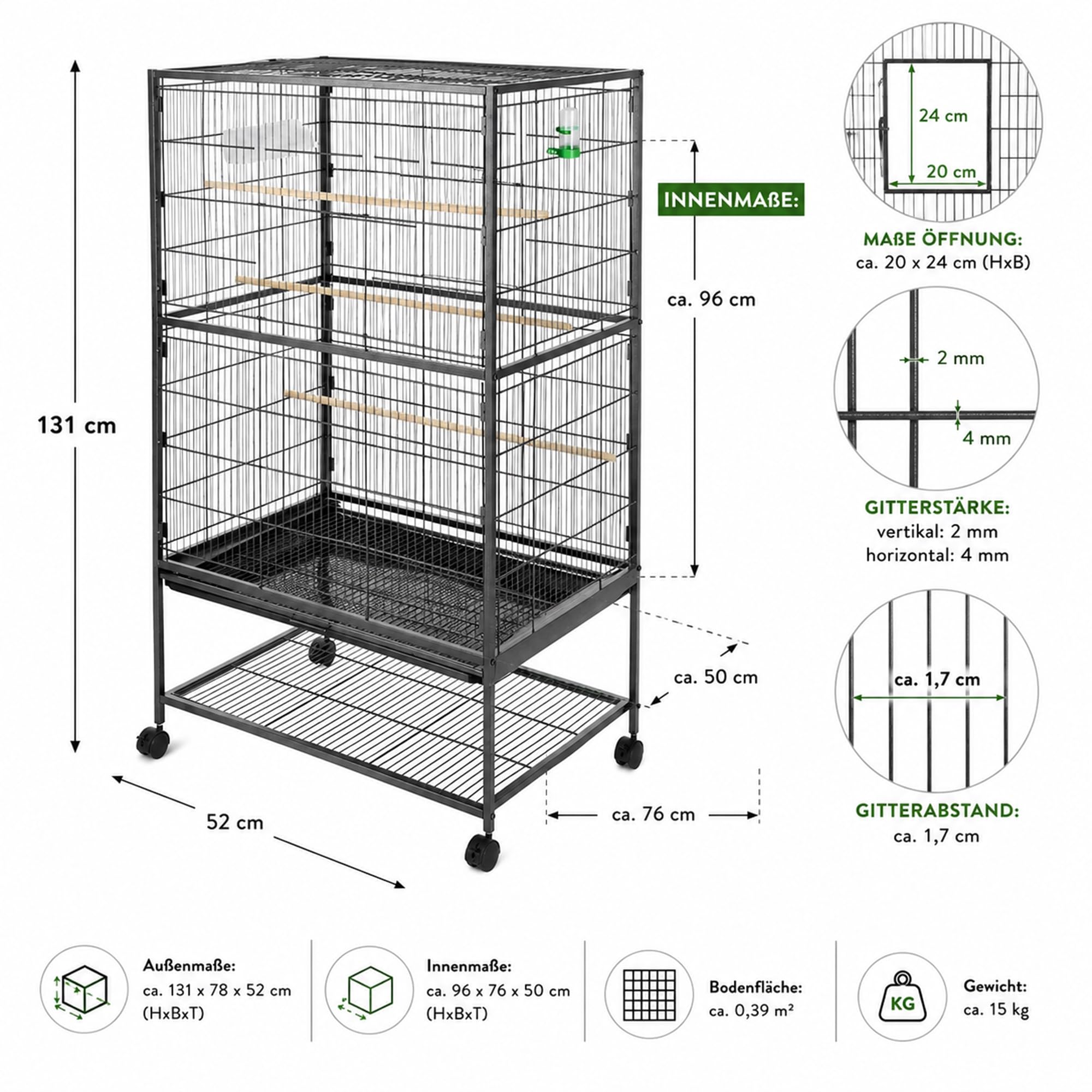 Mucola Vogelkäfig XXL Grau 131x78x52 cm – Vogelvoliere pulverbeschichteter Stahl mit herausnehmbarer Schublade, 4 Futternäpfen, Sitzstangen und Schaukel | Zuchtkäfig für Wellensittiche und Finken