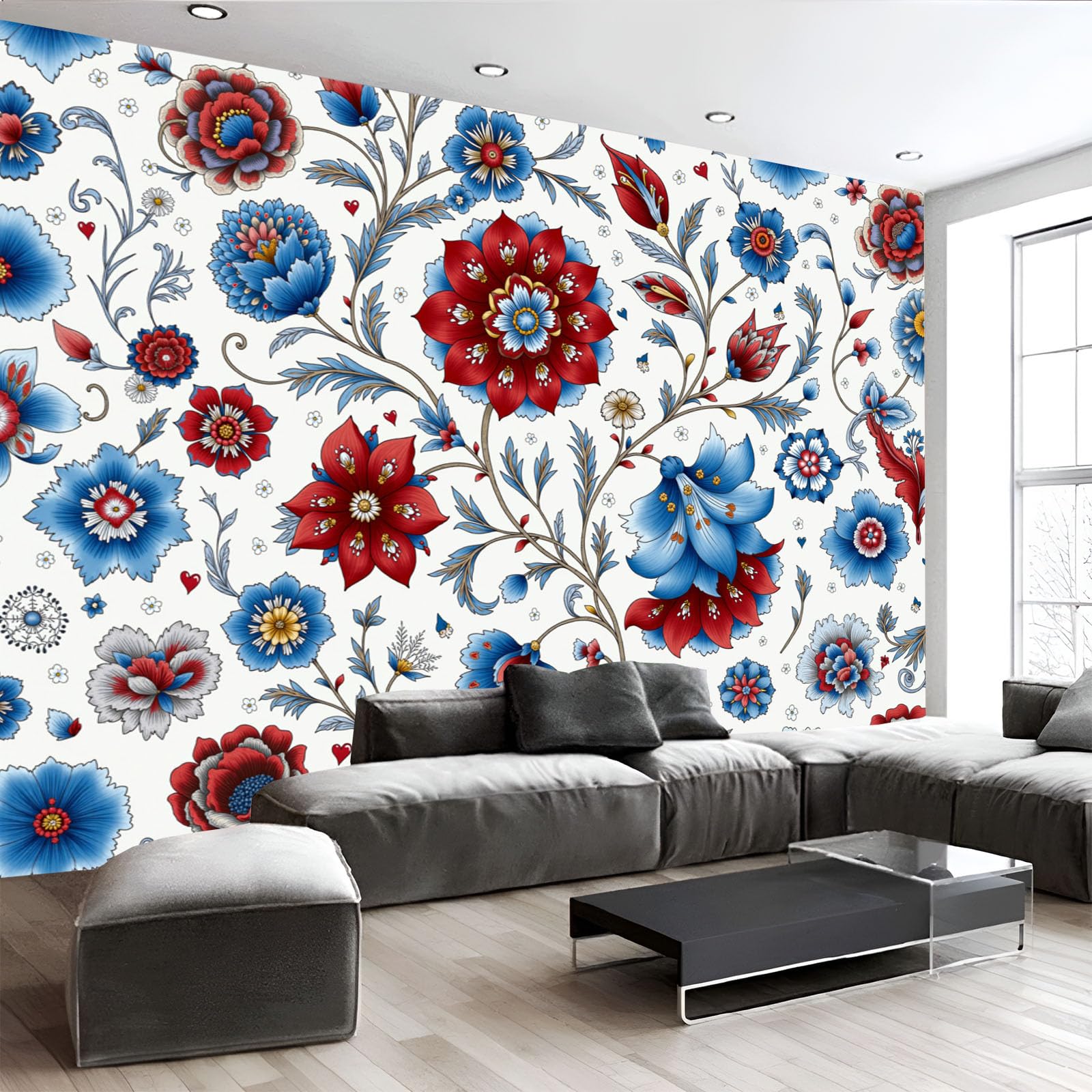 Papier peint panoramique de grandes dimensions 350x256cm motif floral ethnique bleu et blanc