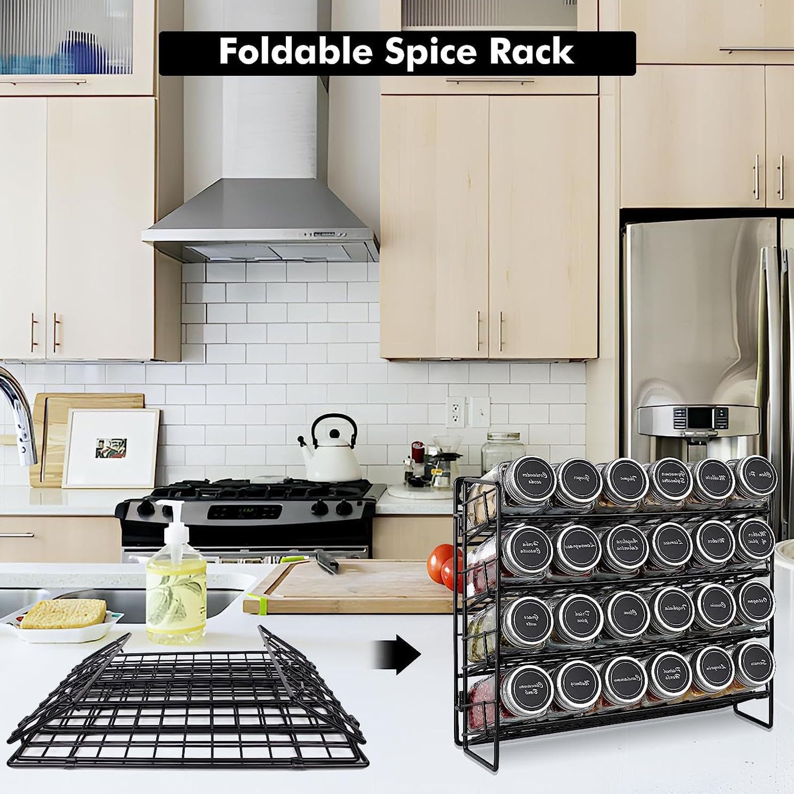 Especiero compacto y flexible de acero estructural con organización de múltiples niveles para cocinas pequeñas. No se necesitan herramientas. Planificador de botellas de especias flexible y