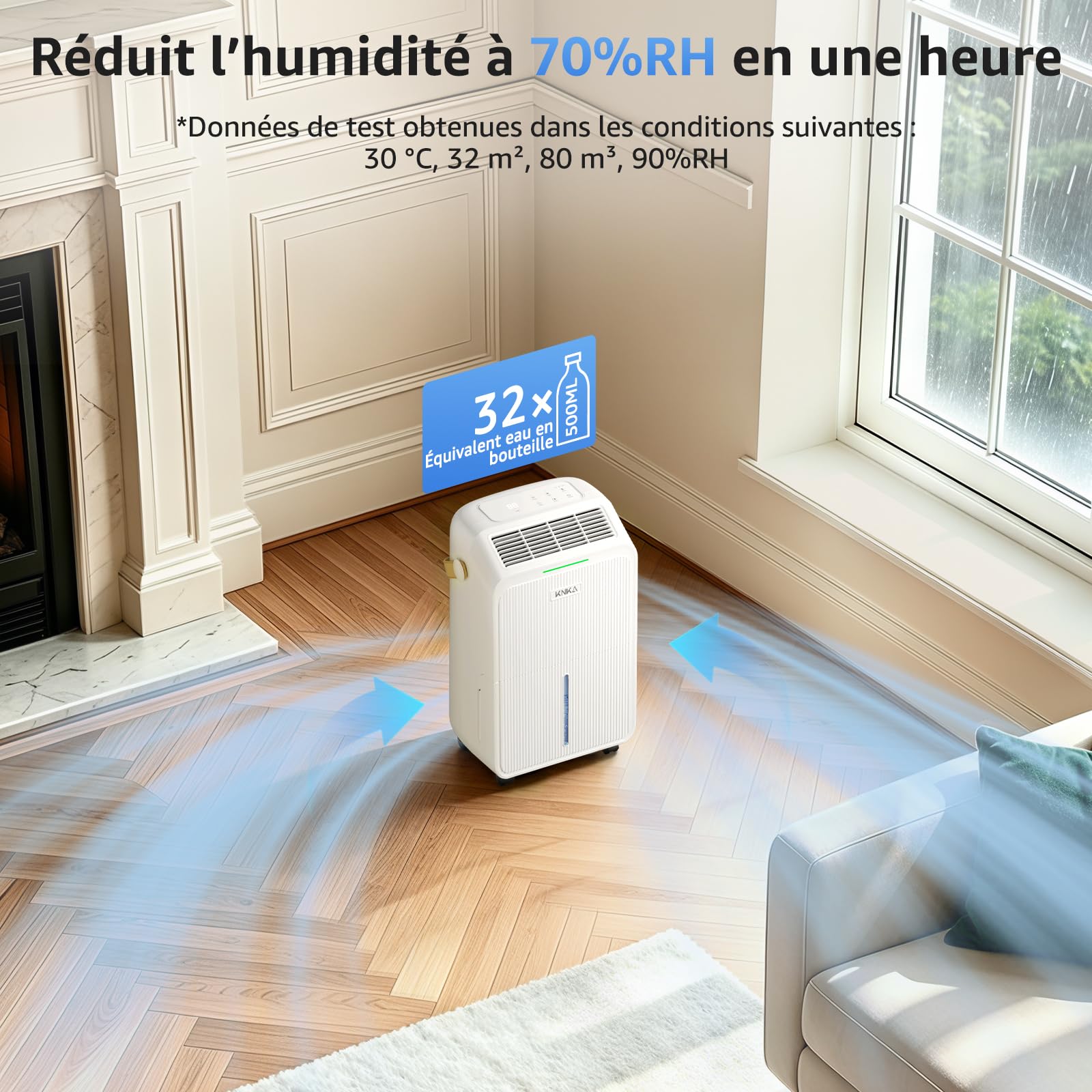 Deshumidificateur d Air, 16L/J, Déshumidificateur Electrique, 80m³ (32㎡), Silencieux, 4 Modes, Consommation Réduite de 40%, Protection Anti-Débordement, Pour Appartement, Cave, Salon