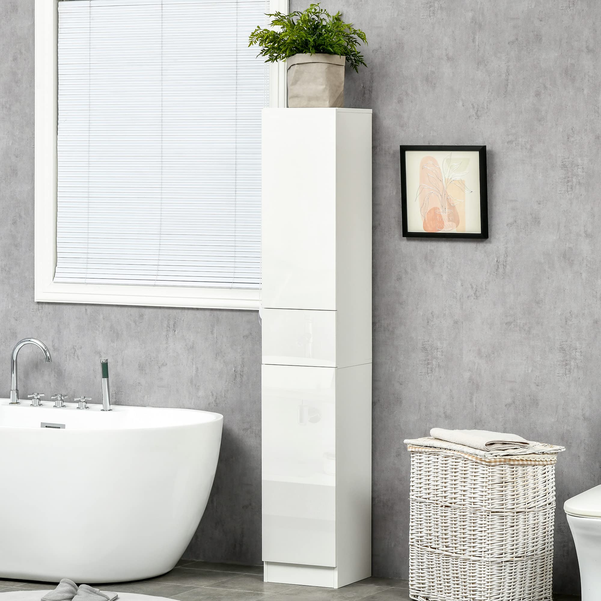kleankin Armario Alto de Baño 1 Cajón Moderno 30x28x170 cm Blanco Brillo | 5 Estantes Abiertos, Columna Auxiliar de Baño,para Salón Aseo Dormitorio