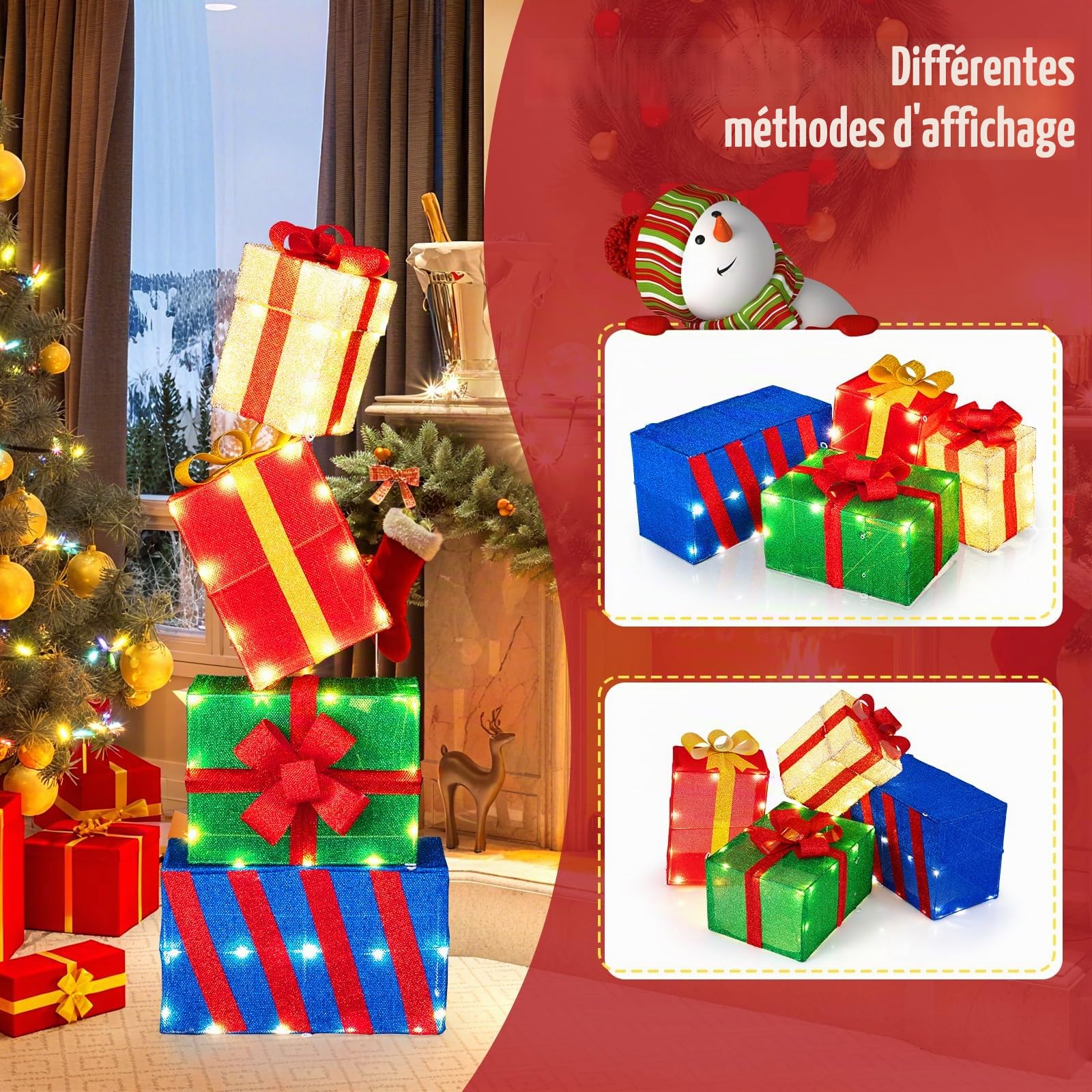 GOPLUS 120 cm Boîtes Cadeaux Noel Lumineuses, Décorations Noël Interieur Exterieur avec 48 Lumières LED, Nœuds, Boîtes Cadeaux Empilées pour Cour, Porche, Jardin, Cheminée