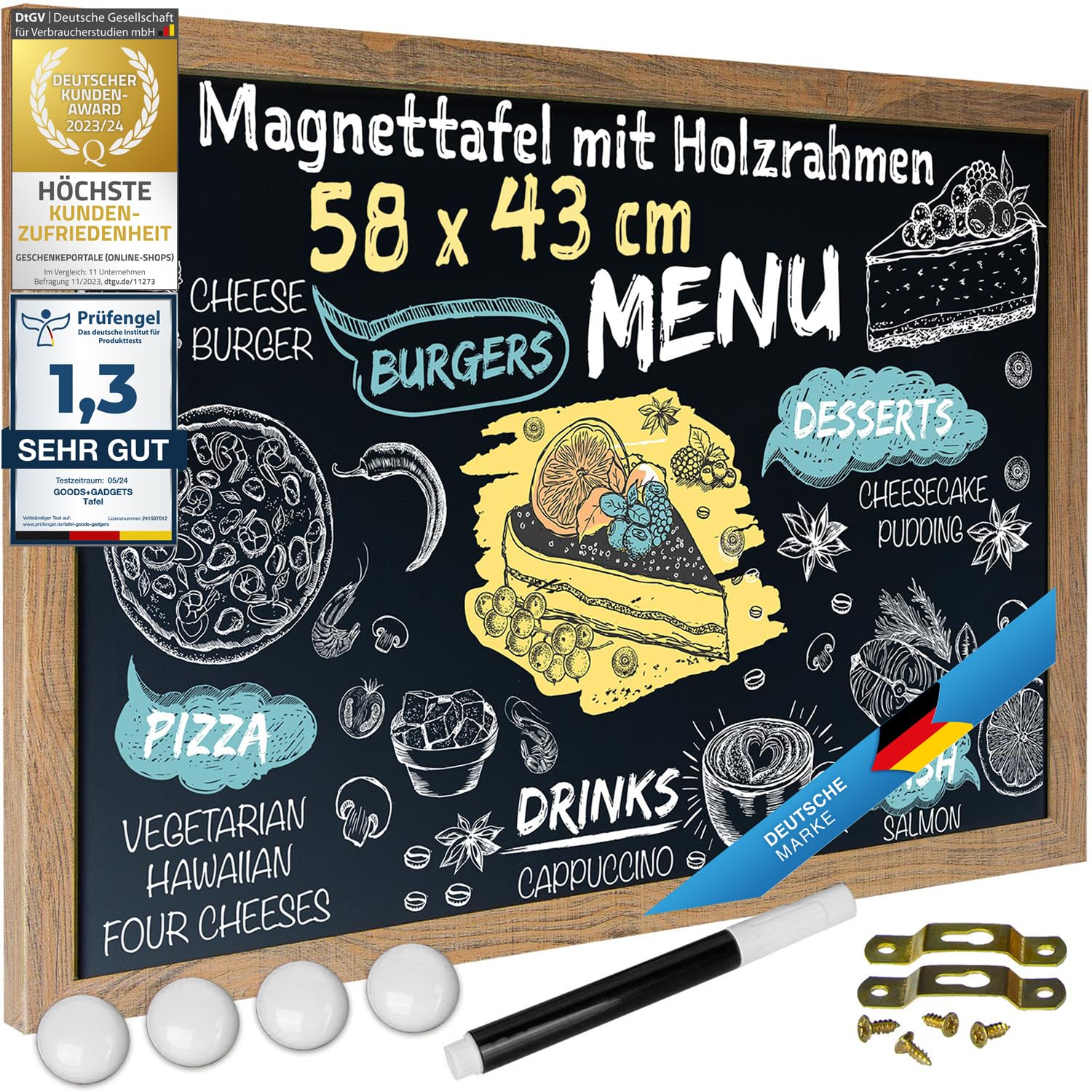 GOODS+GADGETS® Tableau Ardoise Magnétique Mural - Cadre Bois 43x58 cm | Crayon craie + 4 aimants inclus - surface laquée effaçable - 2 tailles au choix - montage facile