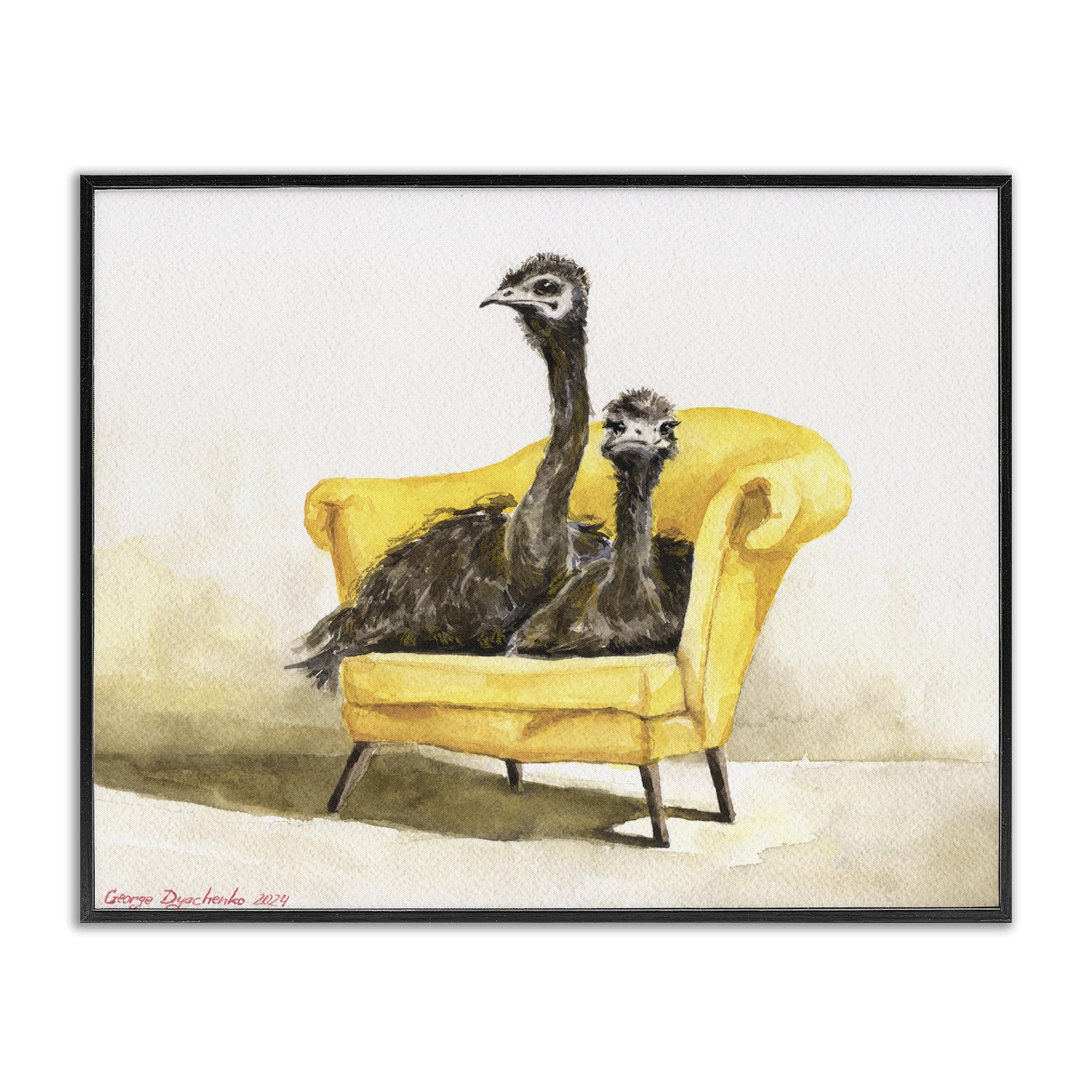 Stupell Industries Funny Ostriches on Yellow Chair Black Framed Giclee Art, design by George Dyachenko, 24 x 30