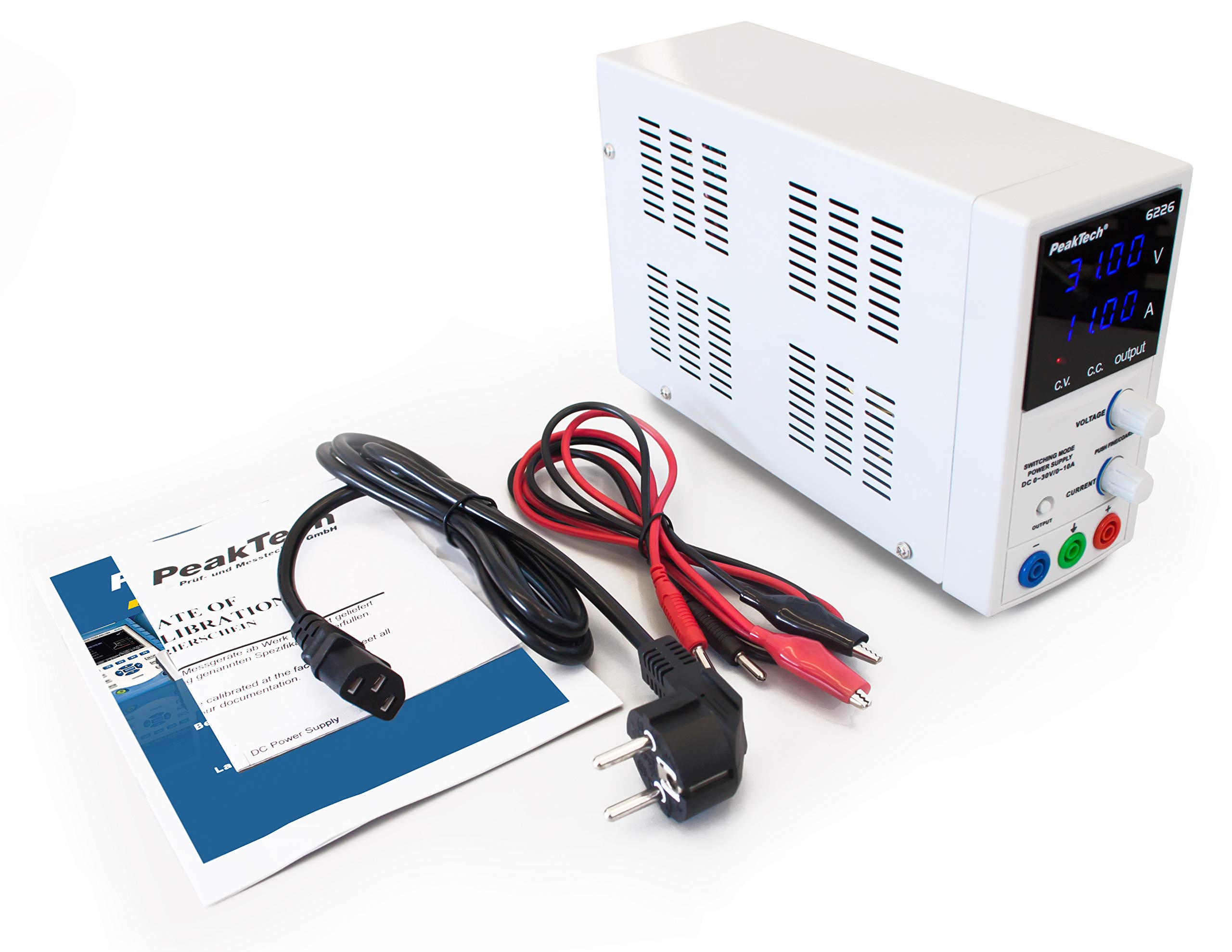 PeakTech P 6226 – Labornetzteil 0-30V/ 0-10A, Regelbar, Labornetzgerät DC mit Blauer 4-Stelliger Anzeige, Stabilisiertes Schaltnetzteil, Überlast- und Kurzschlussfest, schmale Bauform