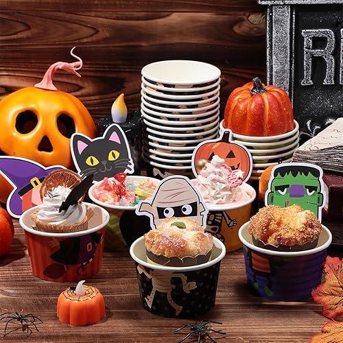 Miniatura 2 de Sliner Tazones de aperitivos de Halloween de 8.5 onzas, tazas de aperitivos de calabaza, fantasma, tazones de papel espeluznantes, cuencos de papel