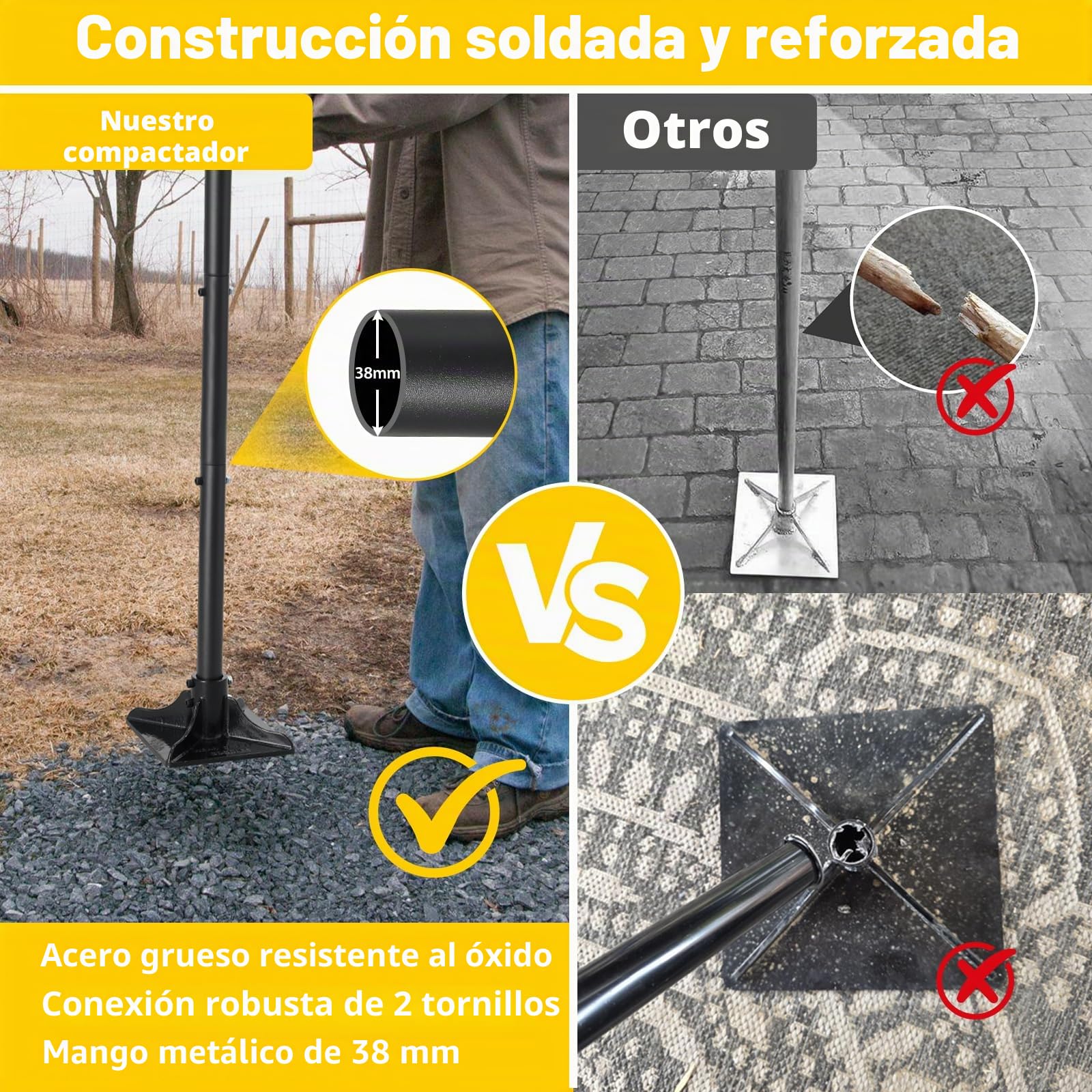 Machacador de acero de 20,32 x 20,32 cm con mango de 145 cm, apisonador manual para jardín, compactador de suelo para nivelación, montaje en suelo, reparación de adoquines