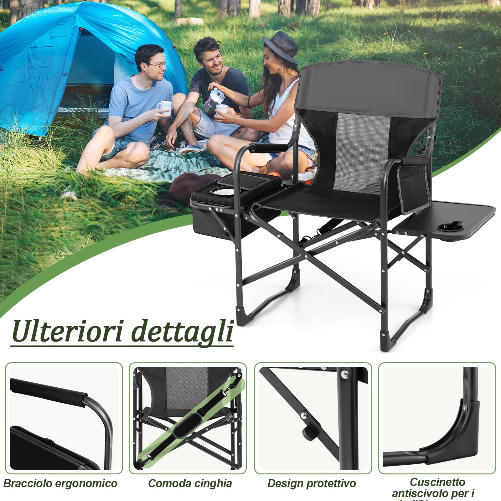 GYMAX Sedia da Campeggio Pieghevole, con Tavolino e Scomparto Laterale e Braccioli, Sedia da Esterno, Sedia da Regista con Borsa Frigo, Capacità di Carico 180 kg, 113 x 56 x 98 cm (NERO)