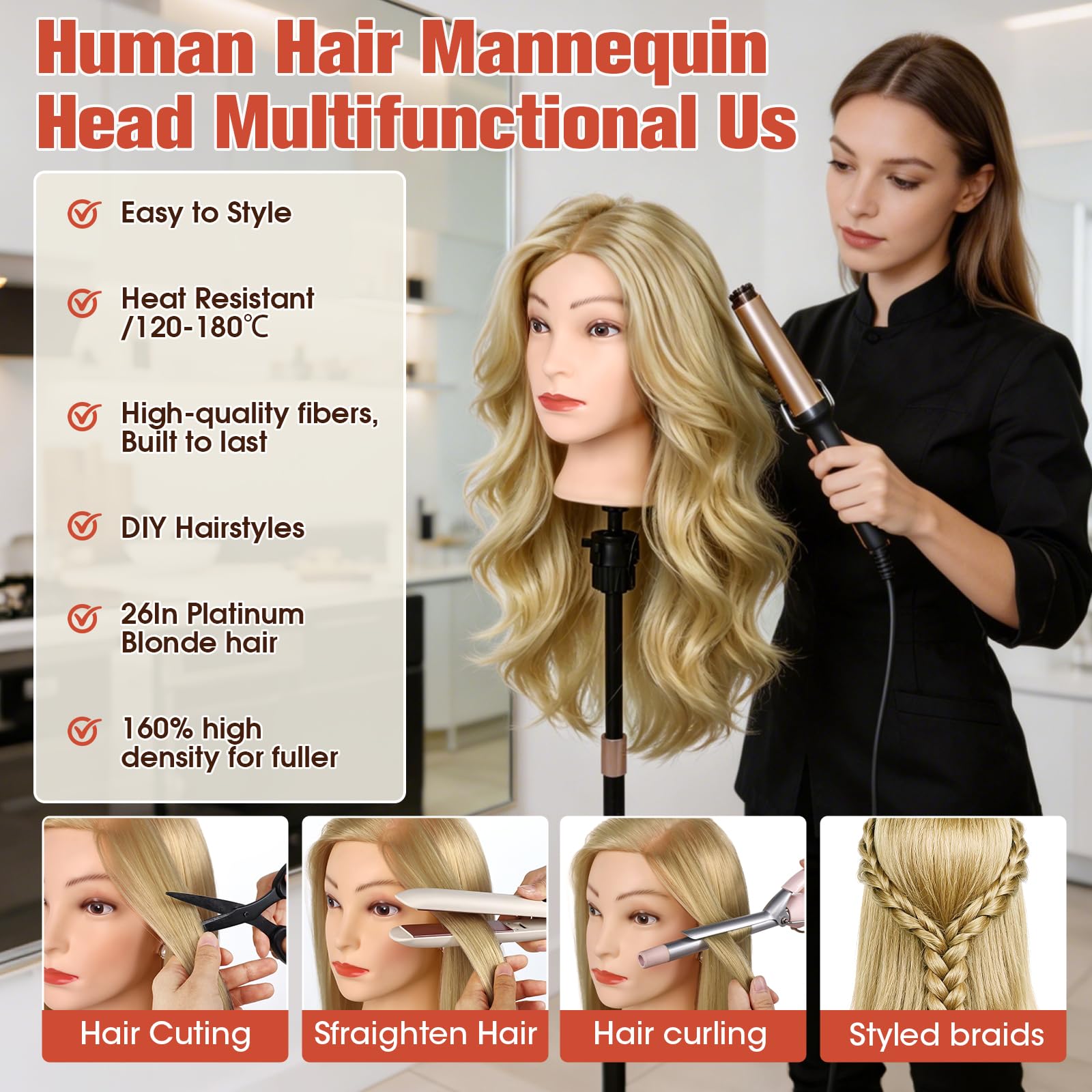 TopDirect Friseur Übungskopf 66cm 80% Echthaar-Mix, Sandblond, Frisierkopf