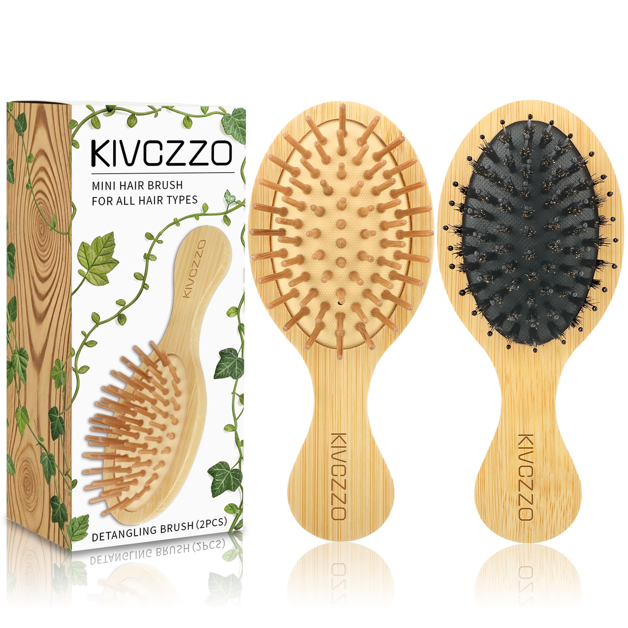 Mini spazzola per capelli in bambù, 2 pezzi, con setole di cinghiale e forcine singole, districante per massaggi, piccole dimensioni da viaggio per capelli spessi/ricci, spazzola tascabile