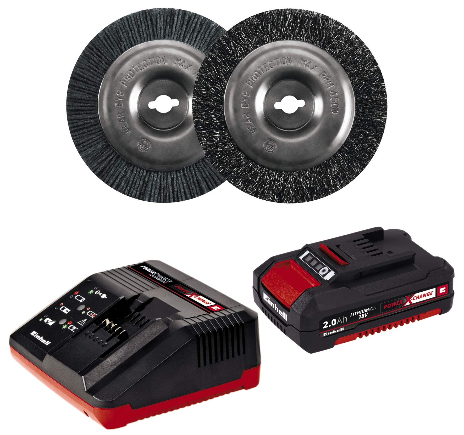 Einhell Akku Fugenreiniger GE-CC 18 Li Set Power X-Change (Lithium Ionen, 18 V, 1200 min-1, Bürstendurchmesser 10 cm, inkl. Stahl- und Nylonbürste) & Original Einhell Ersatzbürste Stahl GC-EG 1410