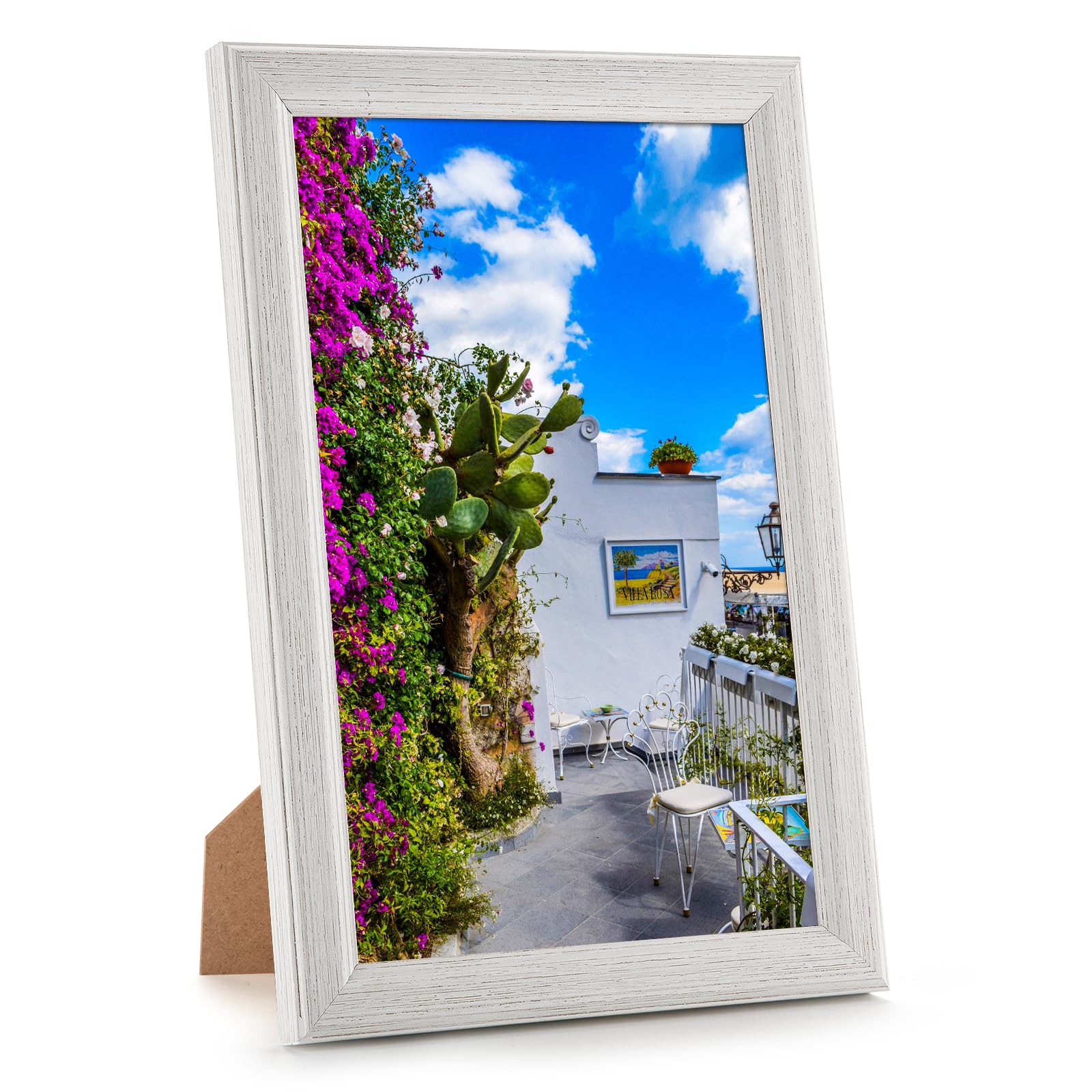 MOUDAMION 5x8 Wood Frame White, Natural Woodgrain 8x5in Picture Frame, Rustic Wooden 5 x 8inch Gallery Photo Poster Frame with HD Plexiglass, Horizontal Vertical Wall Mounting Tabletop Display 1Pcs