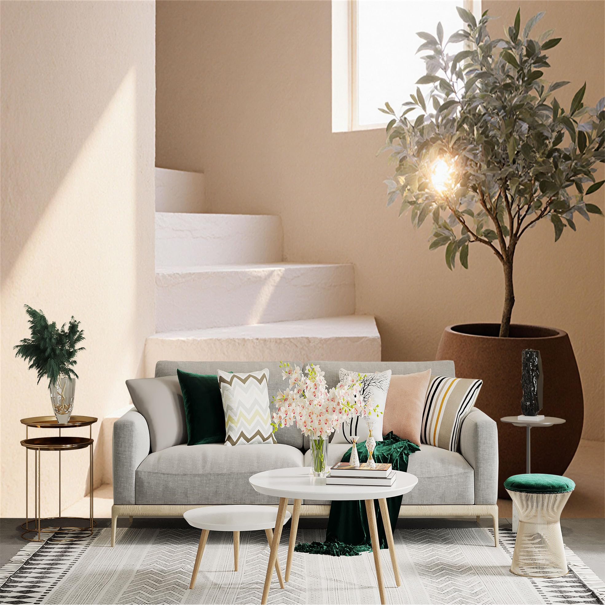 Custom Size Wall Sticker Mural， Minimalist Staircase with Potted Plant， Sunlit Modern Interior， Serene Home Decor， for wall Decoration， peelandstick wall Decals.