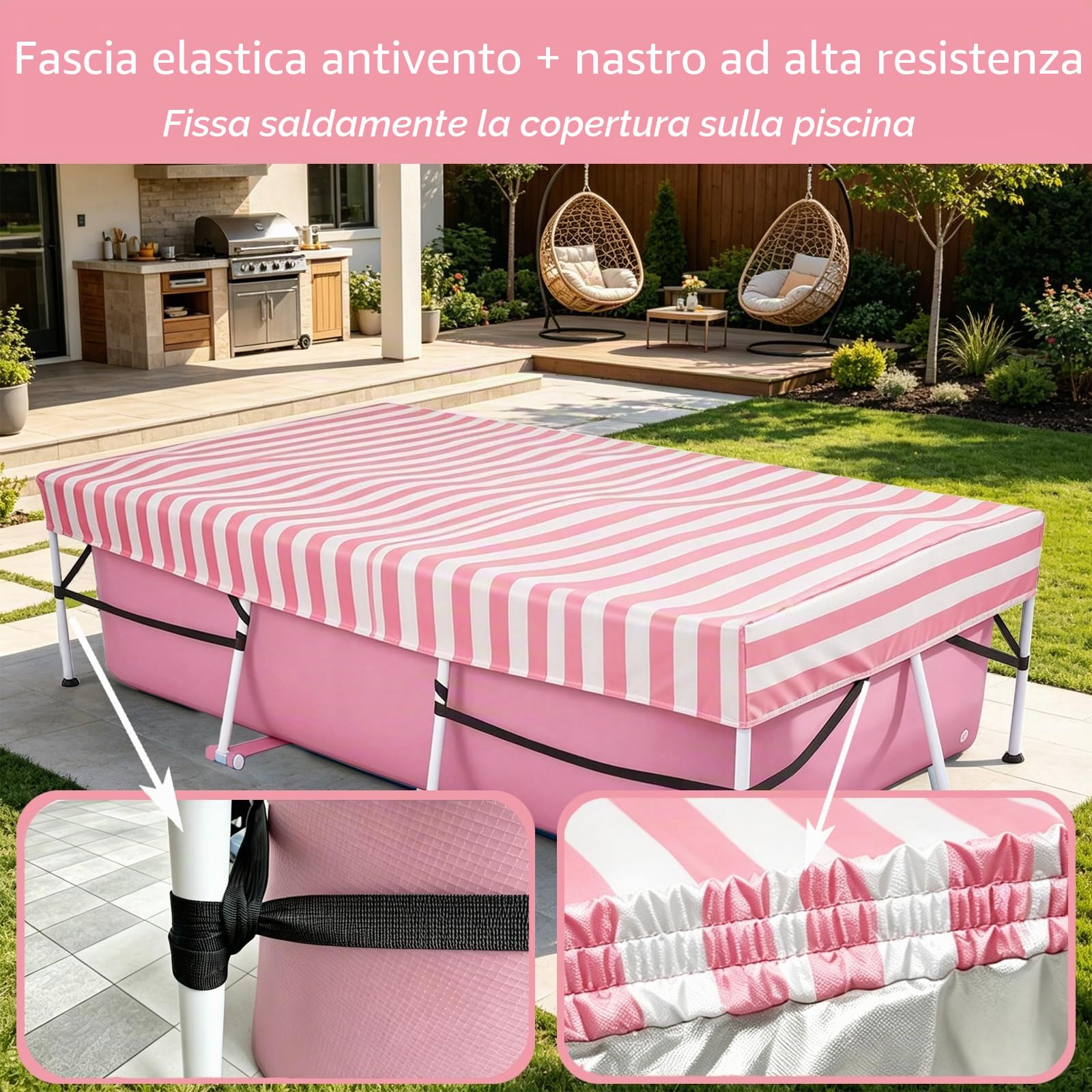 Copertura per piscina rettangolare fuori terra, copertura solare con elastico integrato e cinghia resistente, sedile fisso e facile montaggio, impedisce lo scivolamento, rosa bianco (220 x 150 cm)