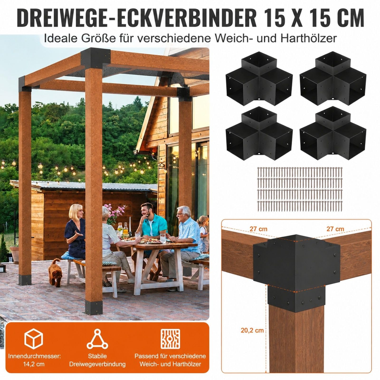 4er-Set 3-Wege-Pergola-Winkelverbinder für Holzbalken