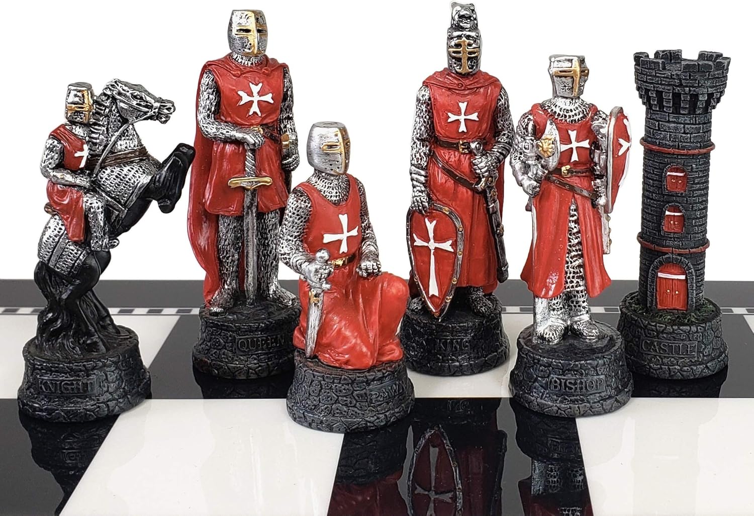 Medieval Times Crusades Red and White Maltese Knights Chess Set with 17 inch Black and White Storage Board
