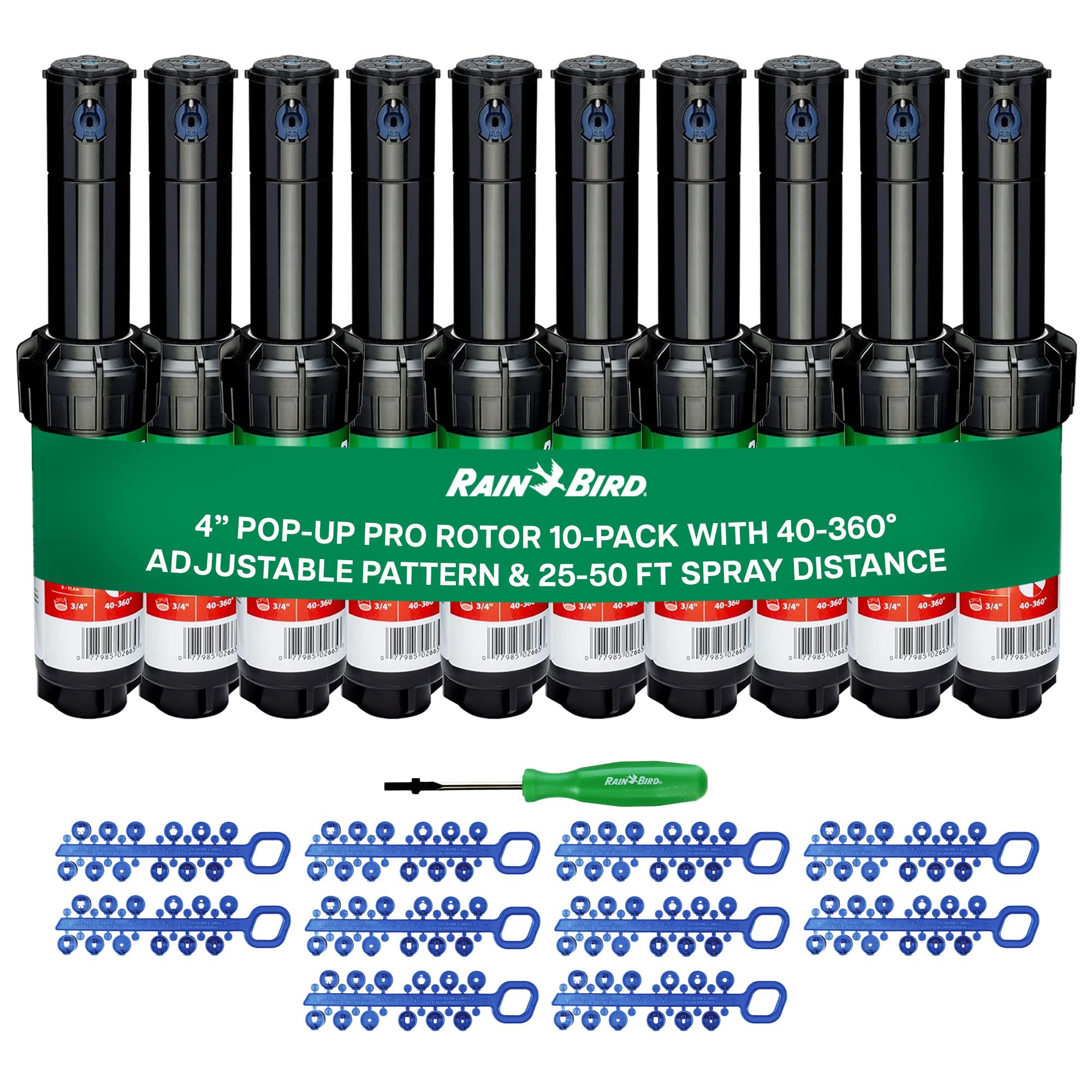 Rain Bird 5000 Série 5004 PC Lot de 10 têtes d'arrosage Rotor réglables de 40 à 360 degrés, système d'irrigation escamotable de 10,6 cm, Distance de pulvérisation d'eau de 75 à 150 cm (Y54007)