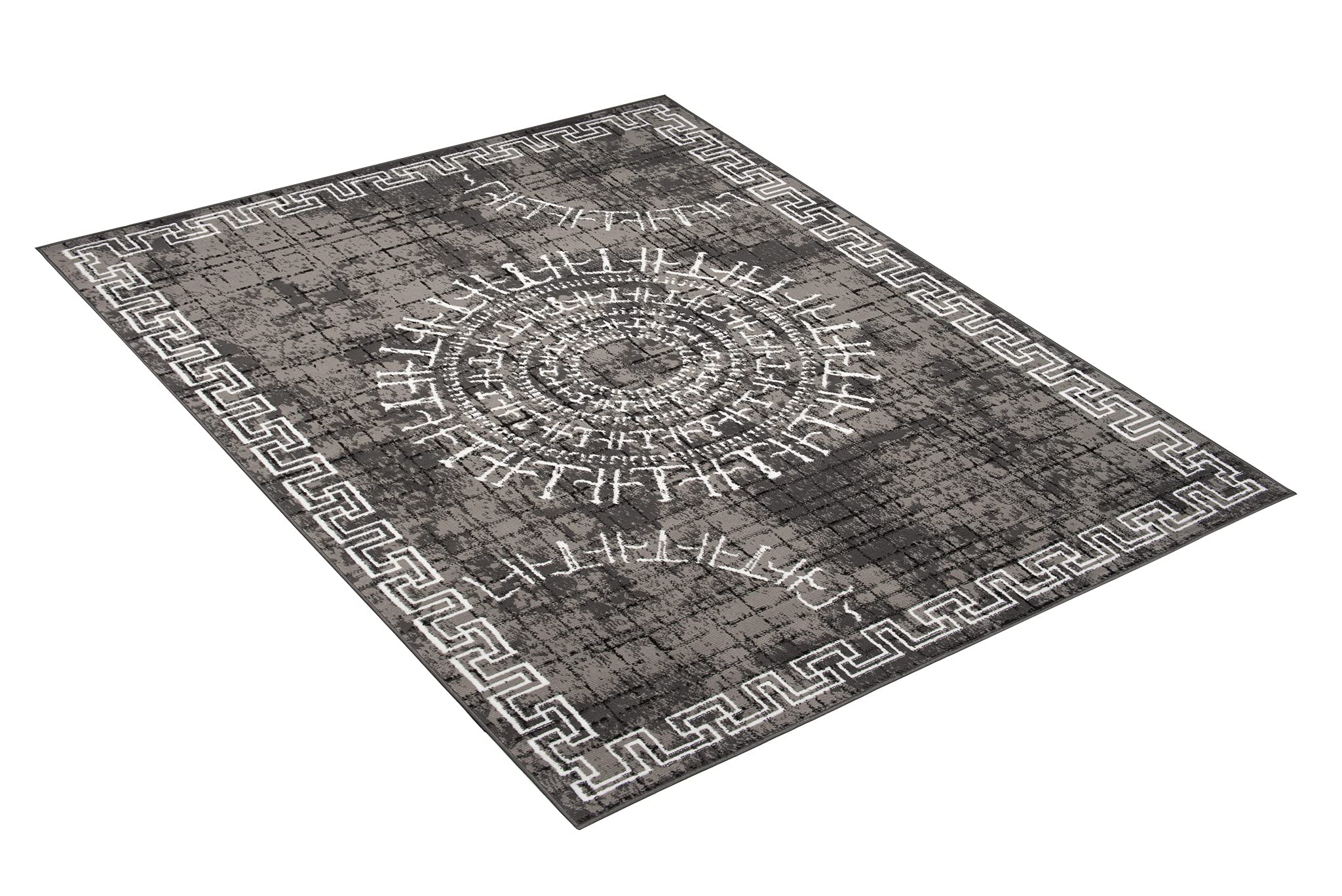 TAPISO Patras Tapis Poils Ras Moderne Blanc Gris Noir Motif Grec Rayures Bordure Tapis Salon Chambre Adulte Salle à Manger Bureau Oeko-TEX Résistant 140 x 200 cm