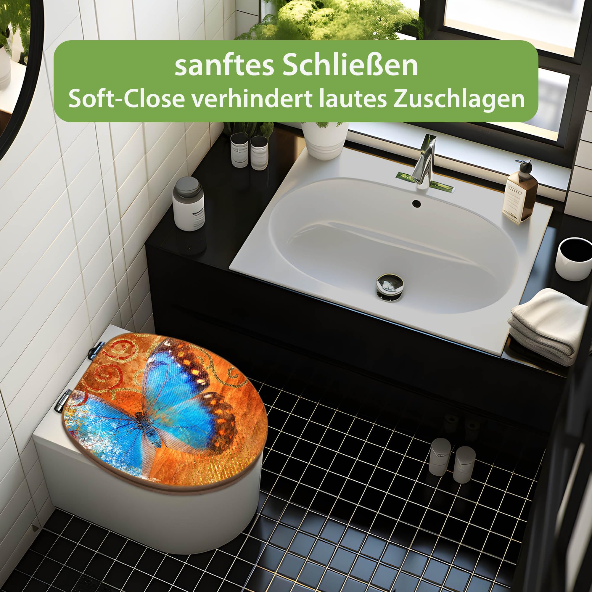 banjado Design WC Sitz Bambus Absenkautomatik 45,8x37,5cm - Toilettendeckel mit Absenkautomatik Holz - hochwertiger Bambus Klodeckel - WC-Sitz für gängigen Toiletten - Motiv Schmetterling