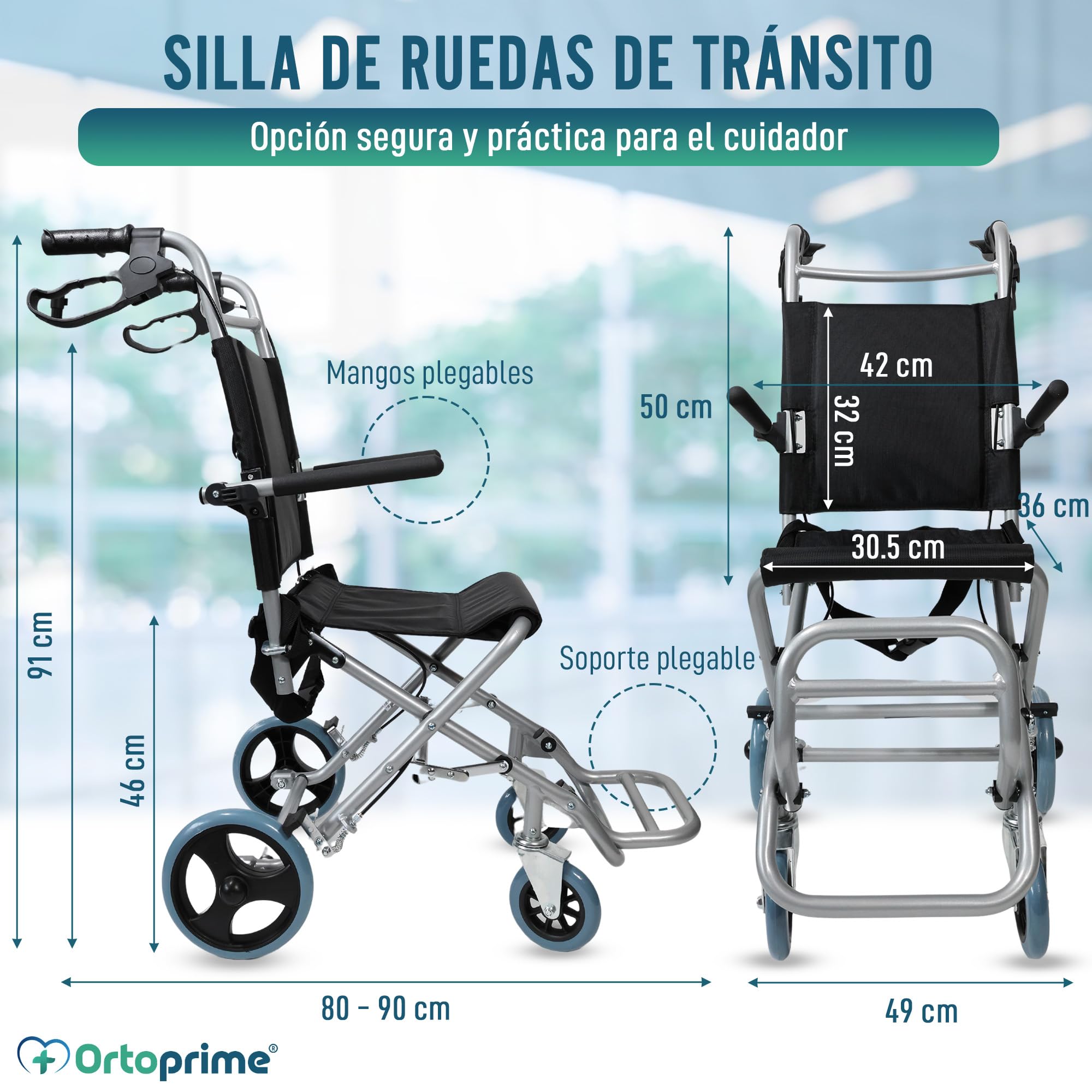 OrtoPrime Silla de Ruedas de Tránsito ALUMINIO Silla de Ruedas PLEGABLE Ligera - Silla Ruedas Ancianos ORTOPÉDICA - Cadeira de Rodas para Idosos - Silla de Ruedas ESTRECHA para Casa y Exterior