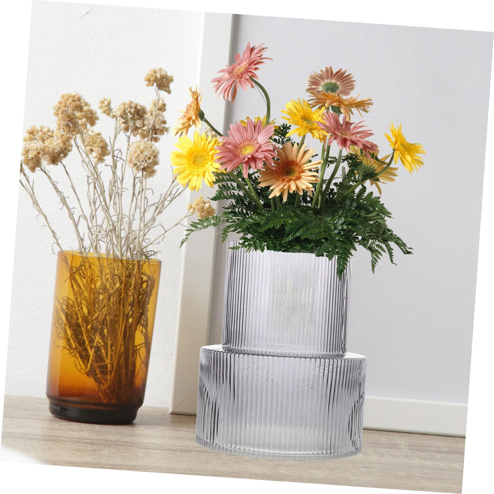 Vase Décoratif en Verre Côtelé Gris pour Fleurs, Table et Maison