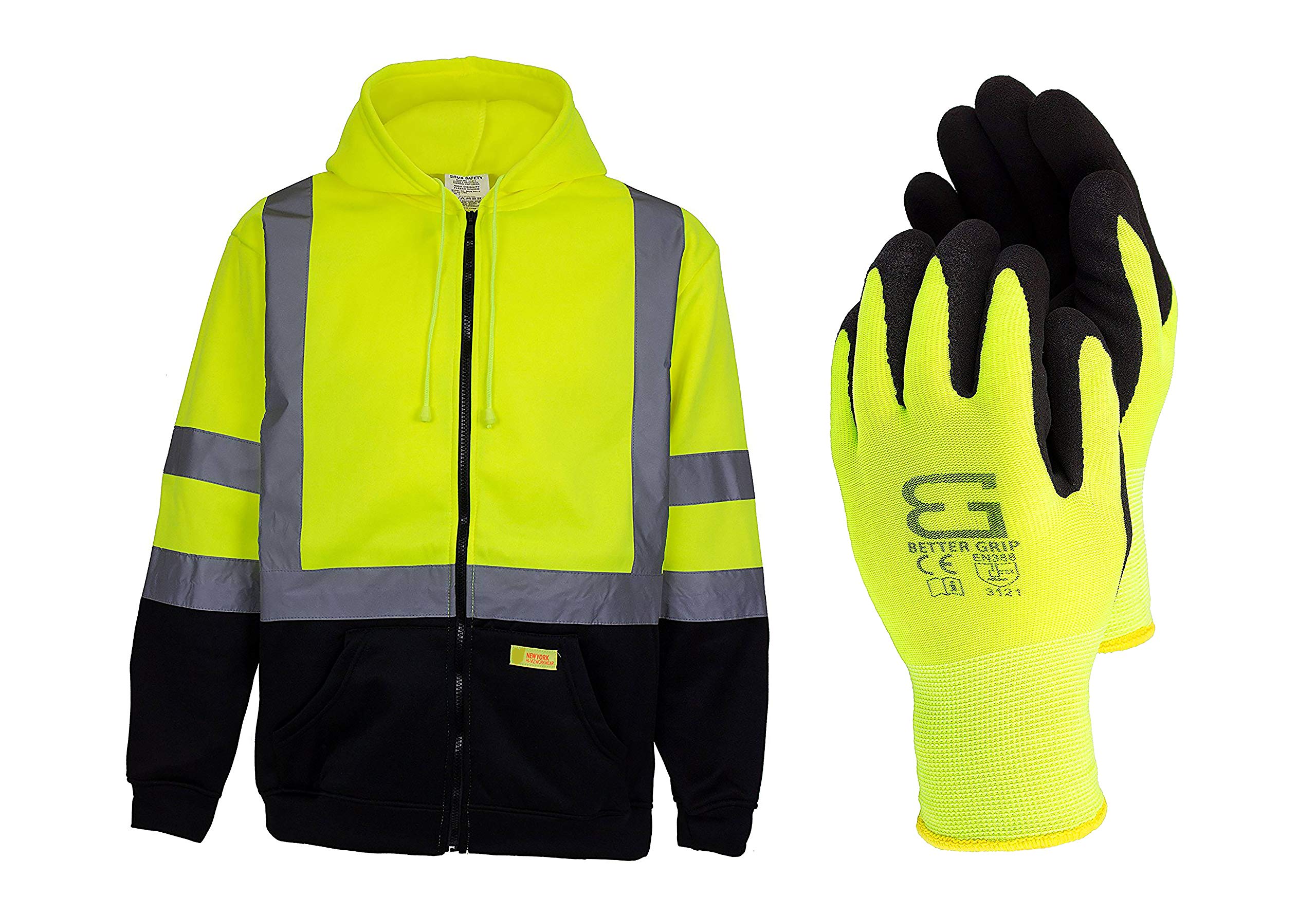 H6612 Men's ANSI Class 3 High Visibility, Full Zip Hooded, Black Bottom, FleeceLined (1EA, Large) With 1 Pack, Large Winter Gloves (Lime)