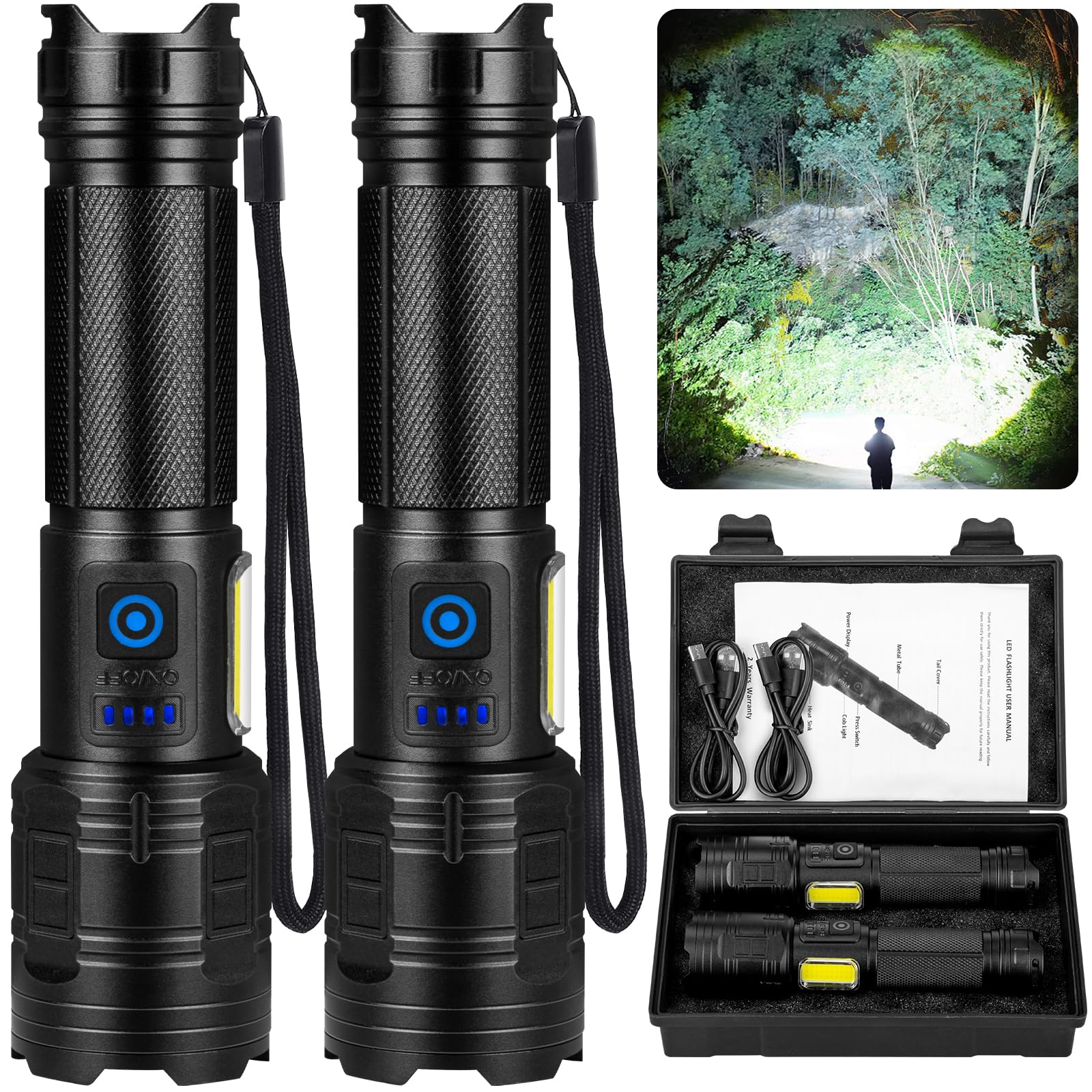 Rechargeable Flashlights 90,000 High Lumens - 2 Pack, Super Bright Flash Light with 7 Lighting Modes, 24H Long Life Powerful Flashlight with Side
