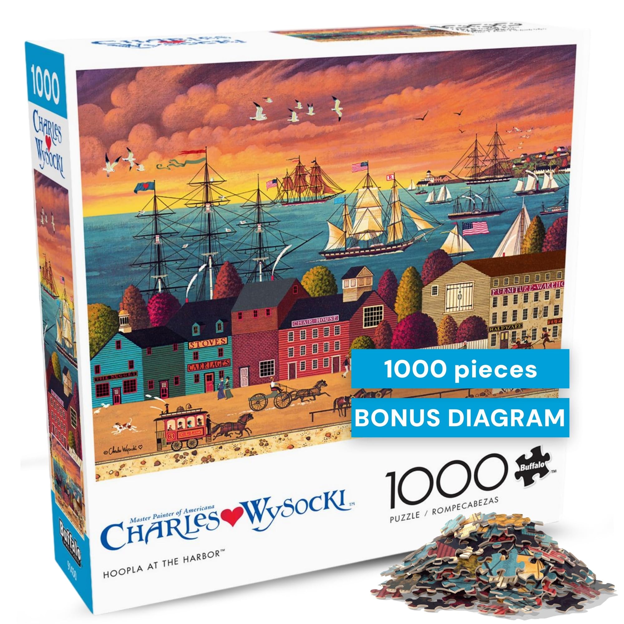 Charles Wysocki Hoopla at The Harbor 1000 Piece Jigsaw Puzzle for Adults, Classic Nautical Americana Scene, Made in USA