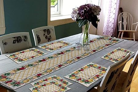 Home Utsav Jacquard Cotton Dining Table Runner with Mats ( 1 Runner and 6 Mats ) Mats- 12.5