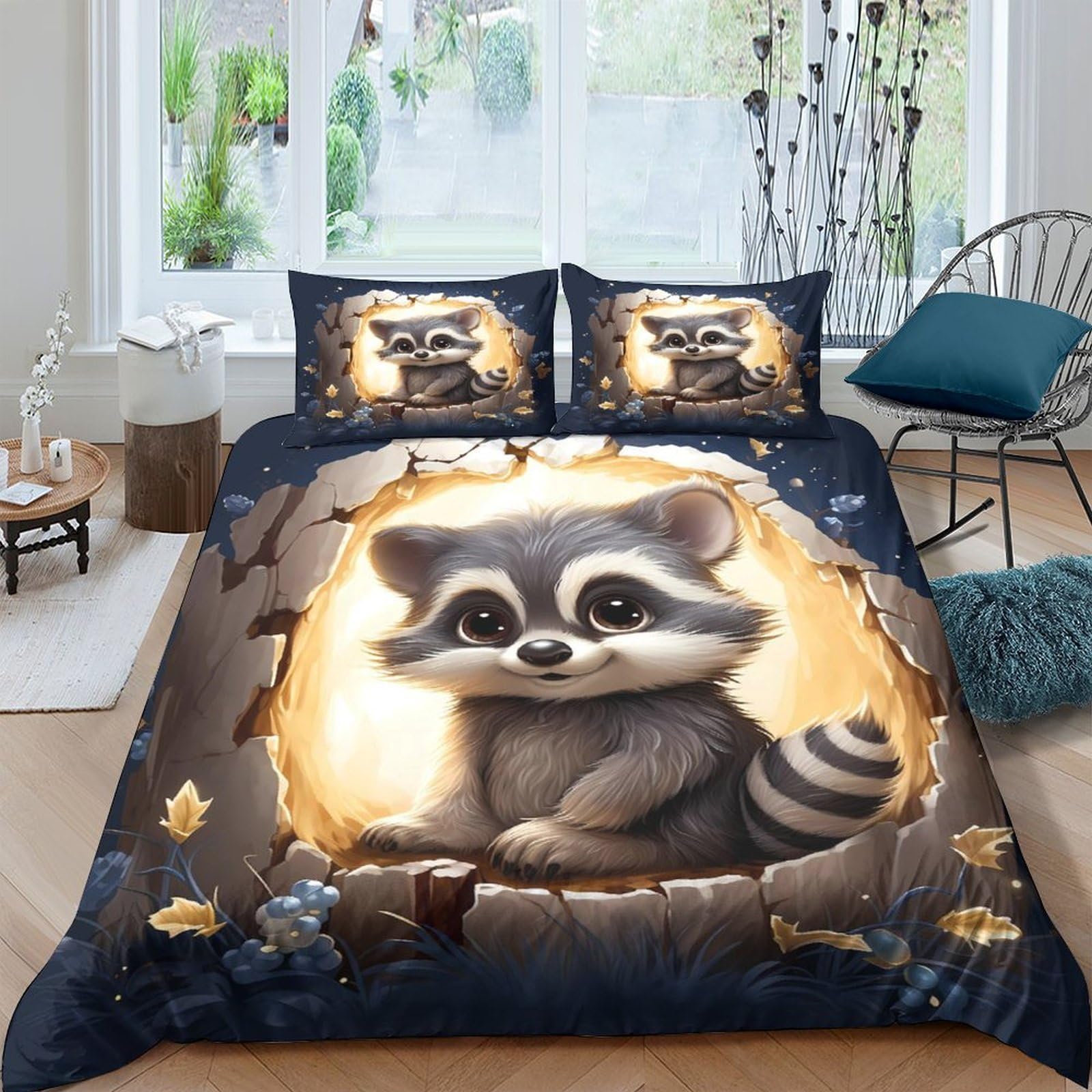 GPLZQXKJNH 3D Printed Cute Raccoon Duvet Cover Microfiber Soft Breathable Forest Bedding Set with 2 Pillowcases for Bedroom Decor Single（135x200cm）