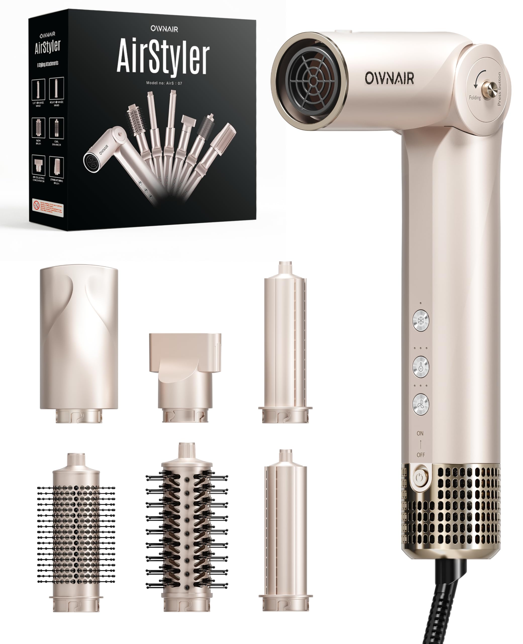 Ownair 6 In 1 Professional Air Styler for Women, 110000 RPM High Speed BLDC Motor, Hot Air Styler, Hair Dryer Brush with Auto Curler, Straightening Brush, Volumizing Brush, Cold Air Mode, Foldable Handle