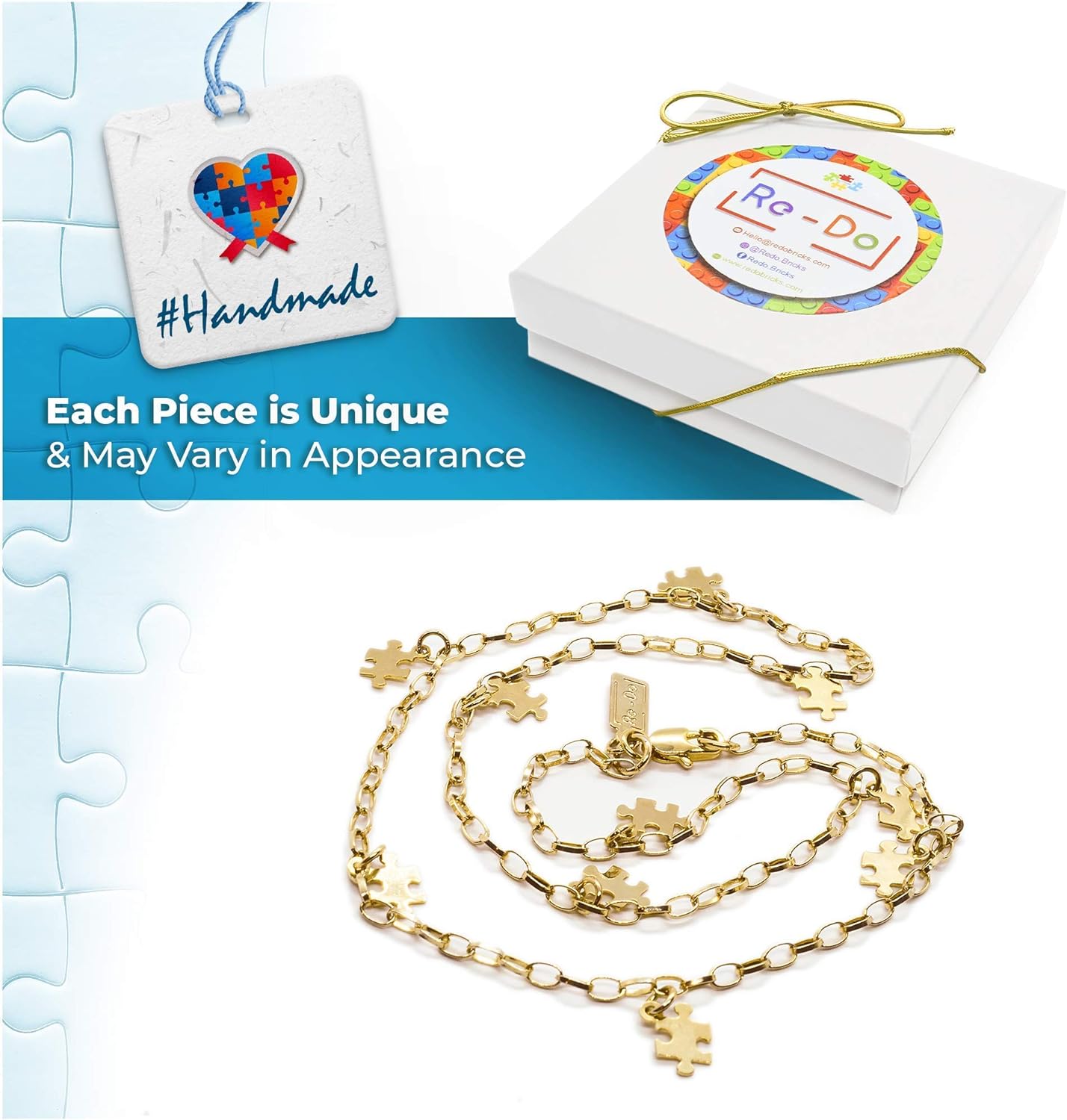 RE-DO BRICKS Autism Awareness Gold Plated Chain with Puzzles Charms A Great touching Gift To Support TEA Community, Therapists, family&friends - Shiny, Unique and Elegant.