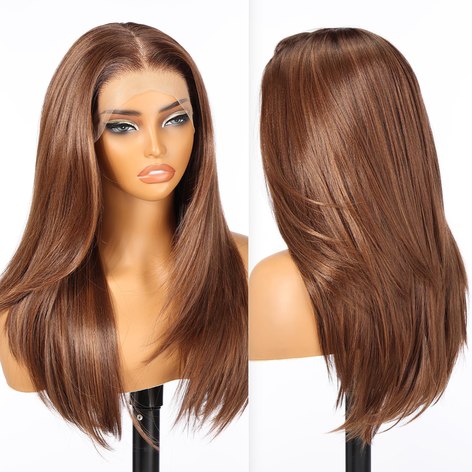 Brown Synthetic Lace Front Wig, 13X6 Long Straight Layered Glueless Wigs for Women Daily Use 22IN(#TT4/6327)