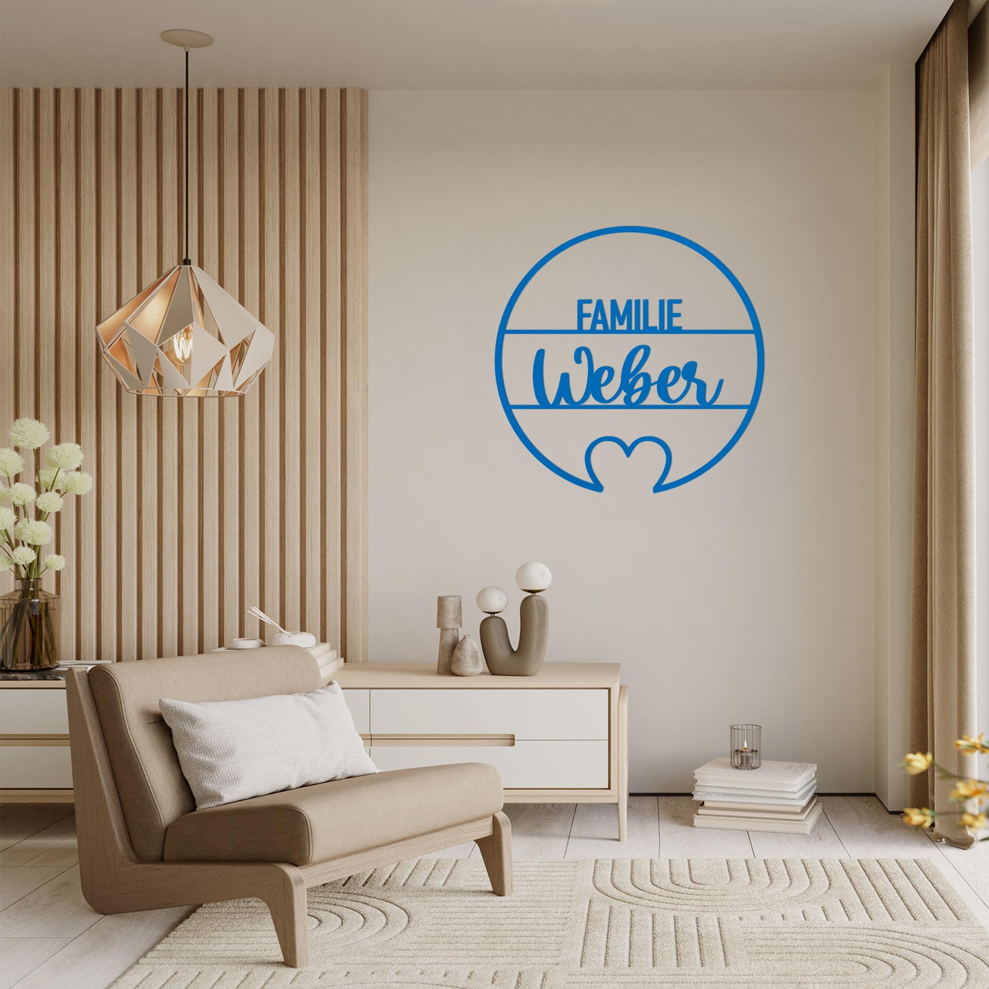 INDIGOS UG - Plaque de porte en aluminium composite - Cercle cœur - Bleu - 70 cm - Nom au choix - Plaque nominative, plaque de porte d'entrée - Texte personnalisé - Plaque pour famille, amis, cadeau
