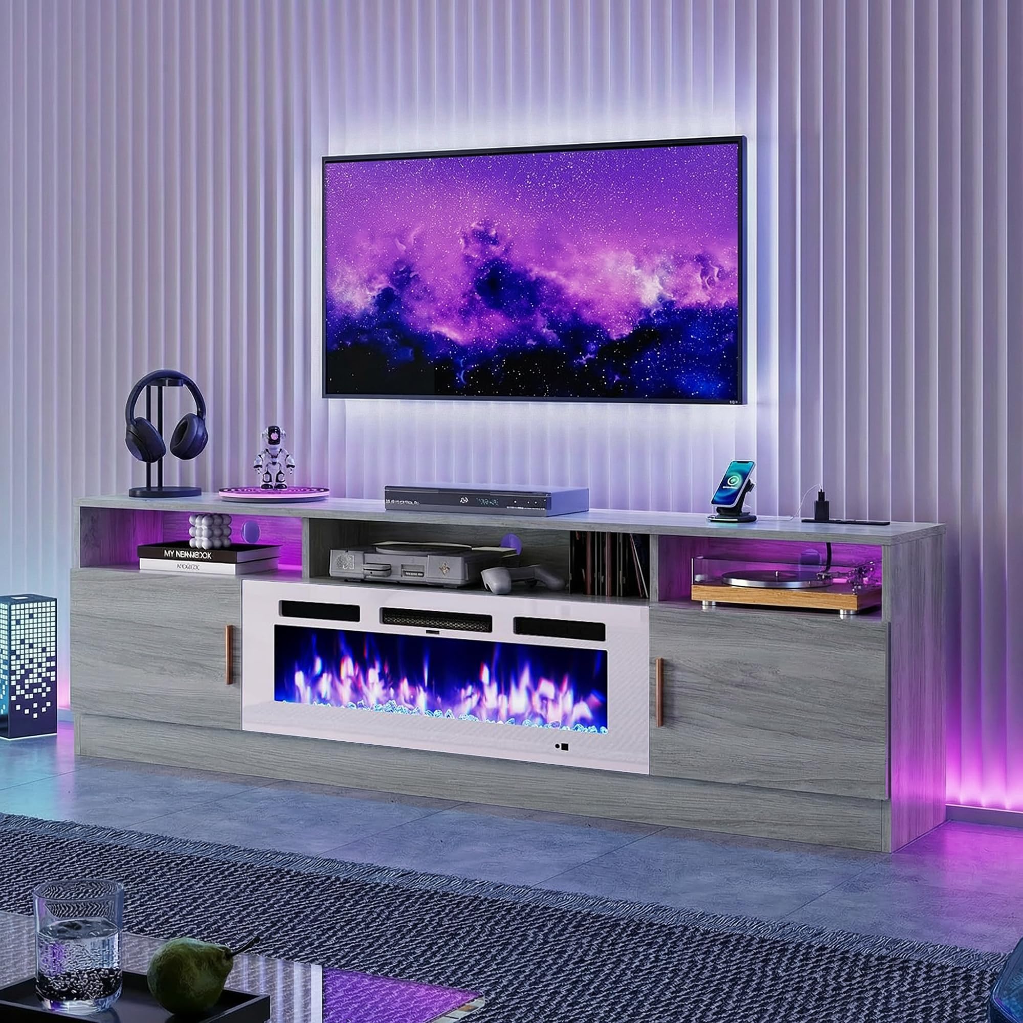 oneinmil 70" Fireplace TV Stand with Power Outlet for TVs Up to 80", Electric Fireplace Entertainment Center with LED Lights & Storage Cabinets, Media