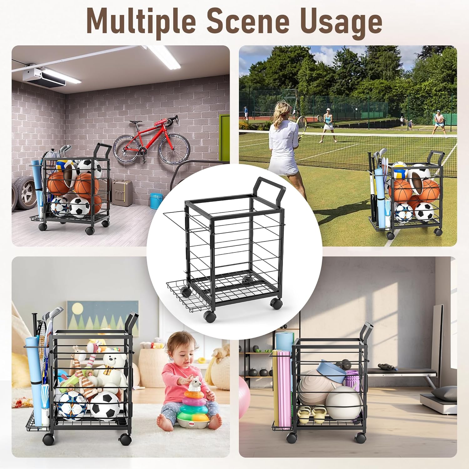 Sports Equipment Garage Organizer,Garage Ball Storage Rack for Sports with Wheels-Upgraded Sports Organizer Rack Outdoor Basketball Racks for Balls with Holder and Hooks (Black) - Image 7