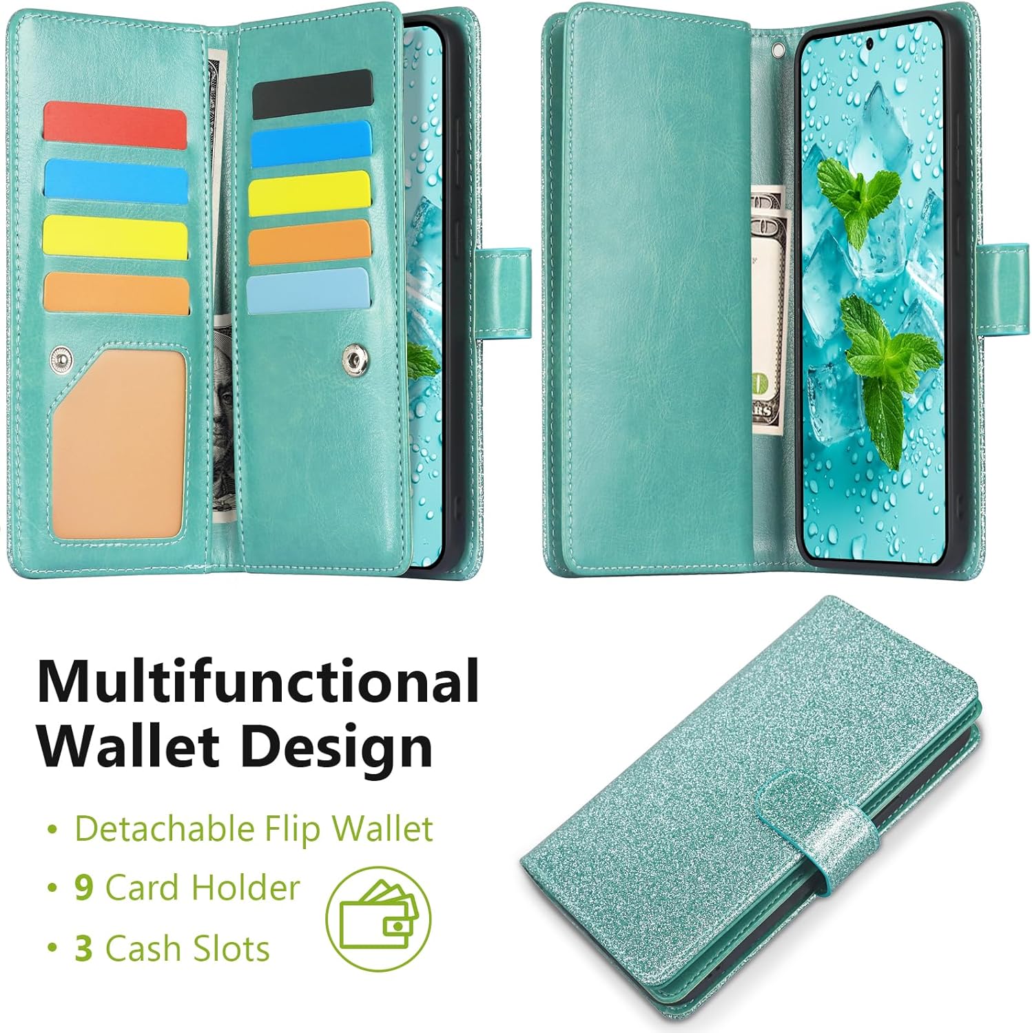 Varikke for Galaxy S23 Wallet Case Detachable with Card Holder for Women, Fashion PU Glitter Leather Strap Magnetic Flip Wallet Removable Phone Case Cover for Samsung Galaxy S23 5G 6.1", Mint Green