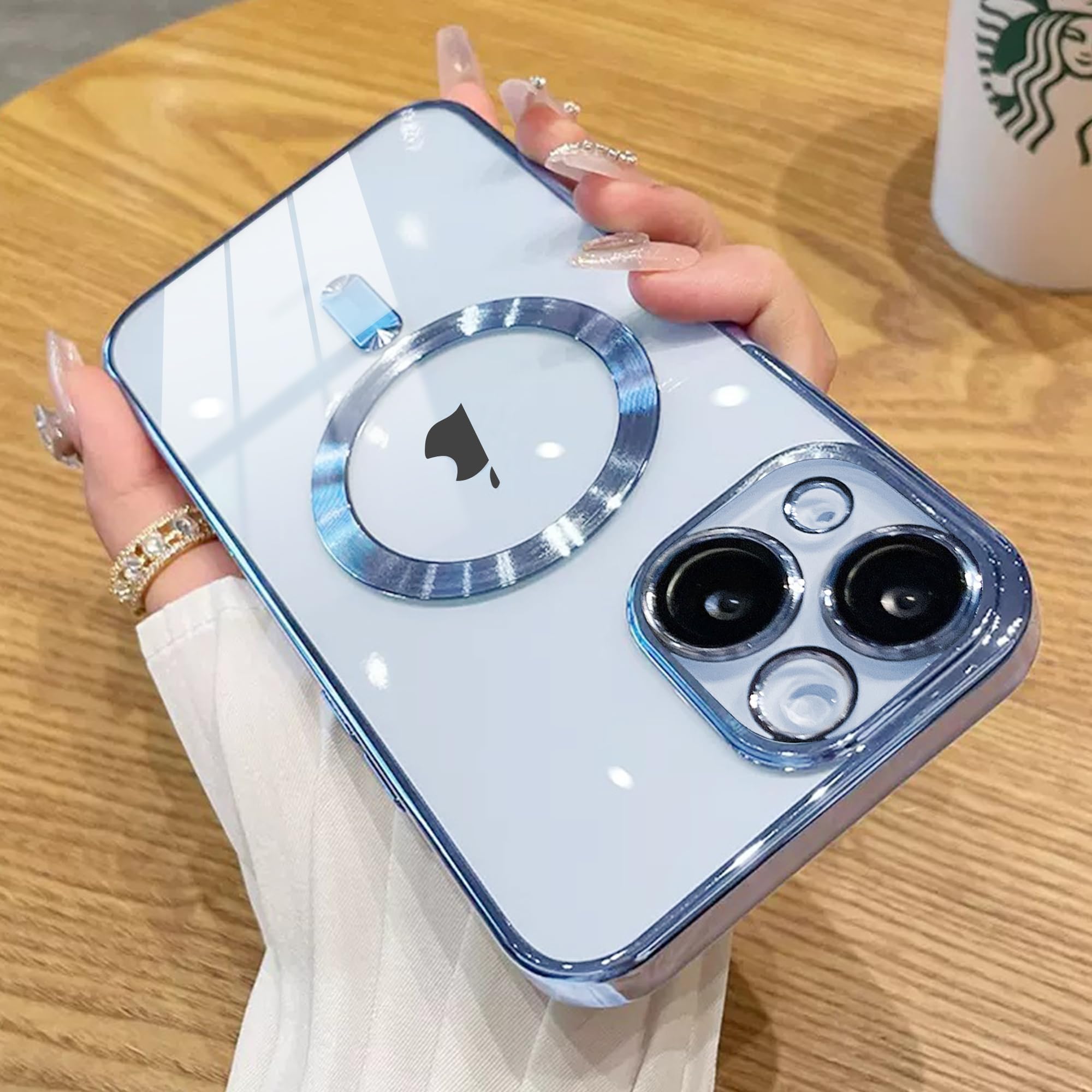KRAFTCAREMagnetic for iPhone 14 Clear Case 6.1 Inch with 3 Pack Screen Protector, Support for MagSafe Accessories, Camera Lens Full Protection, Shockproof Plating Clear Phone Cover Case - Blue