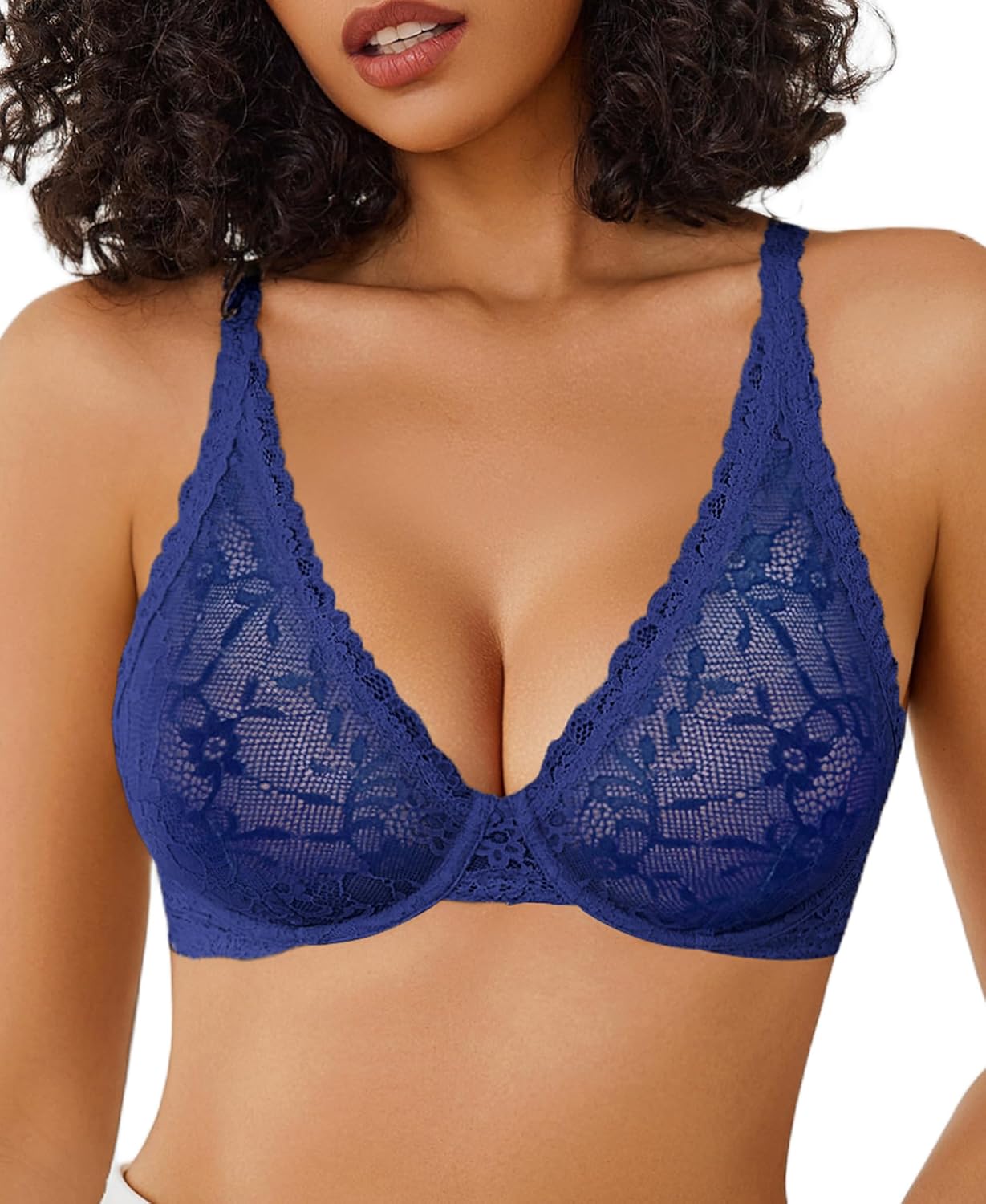 Avidlove Underwire Bras for Women Sexy Lace Deep Plunge V Neck Unlined Bralettes Plus Size 2026 Navy Blue