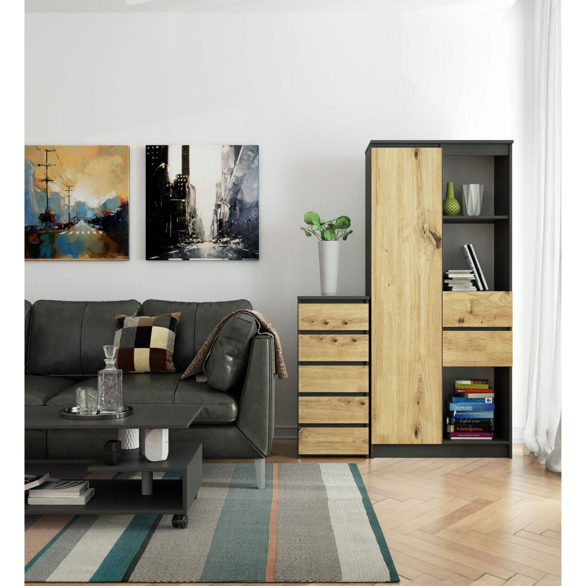 AKORD | Cassettiera a 5 Cassetti | Credenza Alta | Moderna Mobiletto per Soggiorno Sala da Pranzo Camera da Letto Corridoio Bagno | Armadio Cameretta | 35x40x92 cm | Grigio grafite |Rovere artigianale