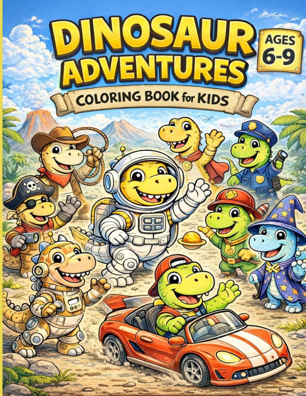 Dinosaur Adventures Coloring Book for Kids Ages 6–9: Fun & Cute Dinosaurs in Jobs, Costumes and Everyday Adventures