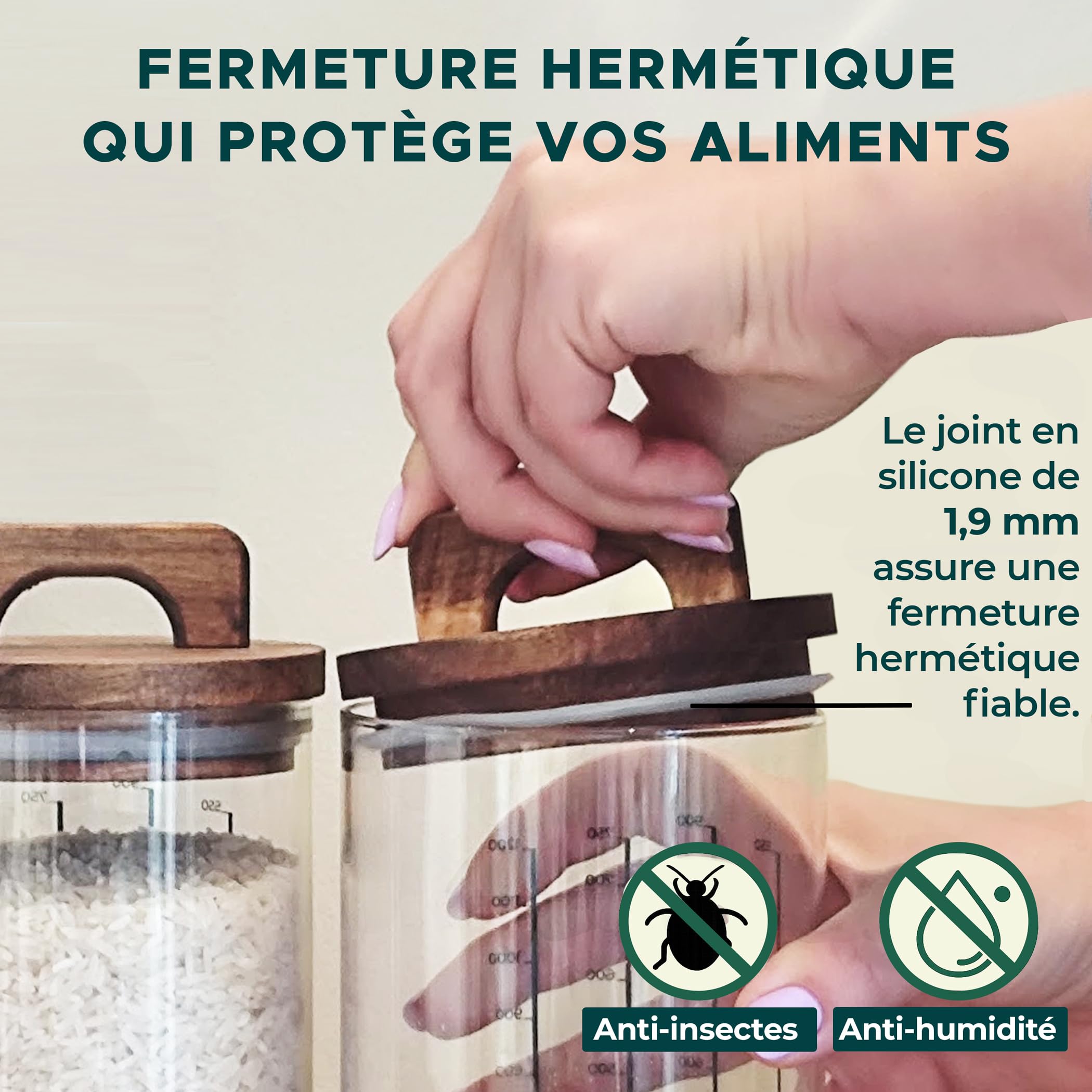 Glass Storage Containers, 4-Pack, 1.2L | Avec couvercles en bois d’acacia, idéales pour céréales, farine, riz, café et fruits secs, tout en gardant la fraîcheur